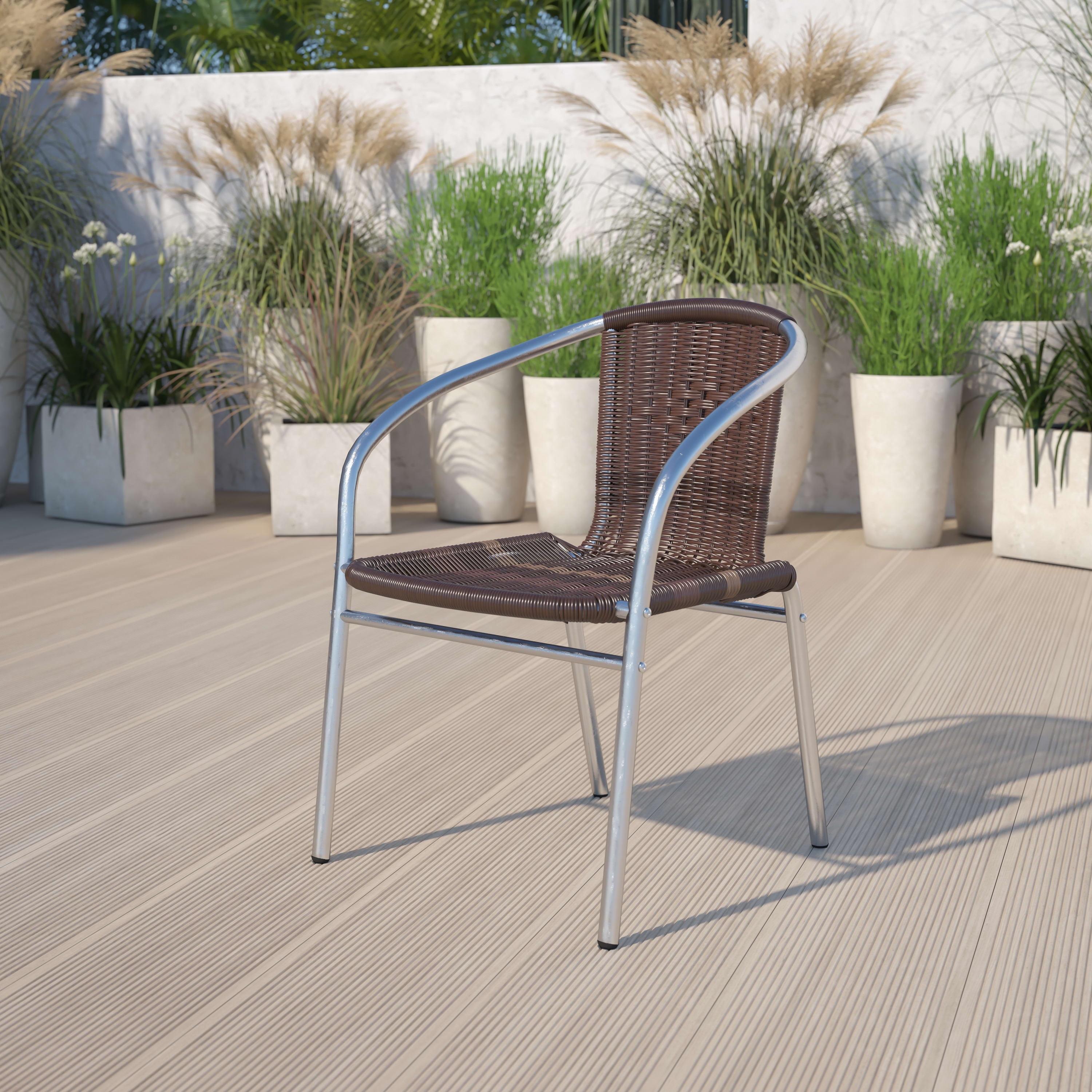 Elegant Silver Aluminum & Dark Brown Rattan Indoor-Outdoor Dining Chair