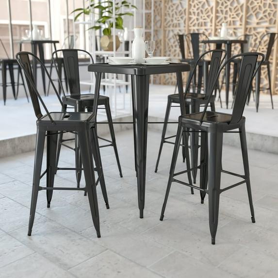 Flash Furniture Commercial Grade 23.75" Square Black Metal Indoor-Outdoor Bar Table Set with 2 Stools with Backs