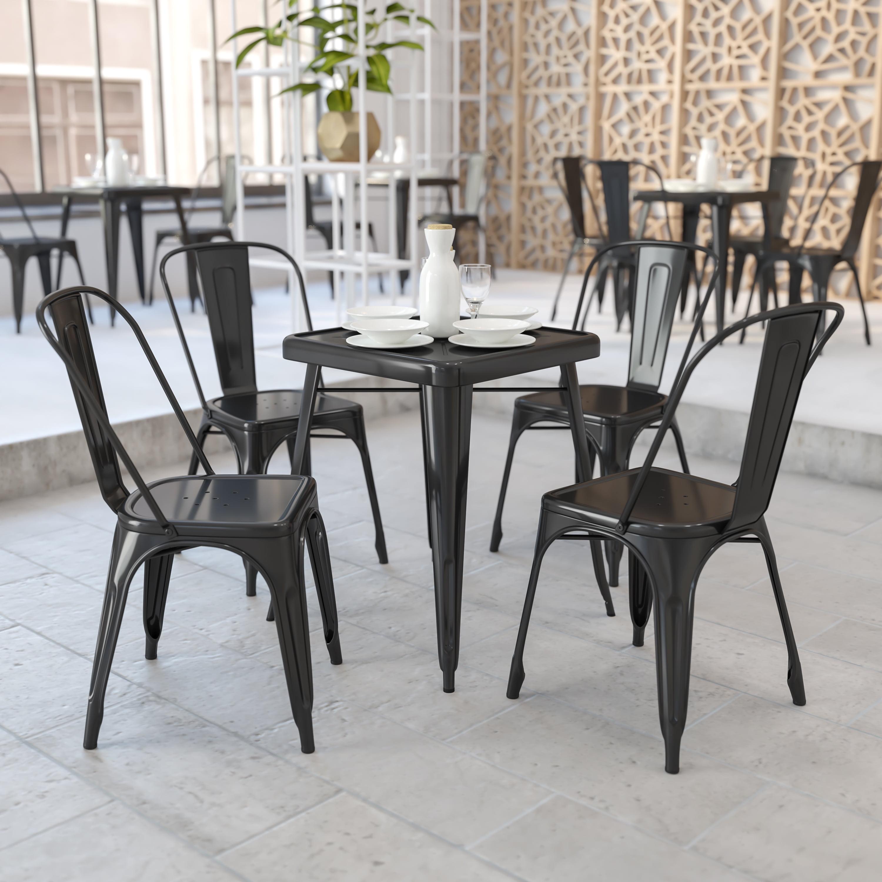 Flash Furniture Commercial Grade 23.75" Square Black Metal Indoor-Outdoor Table Set with 2 Stack Chairs