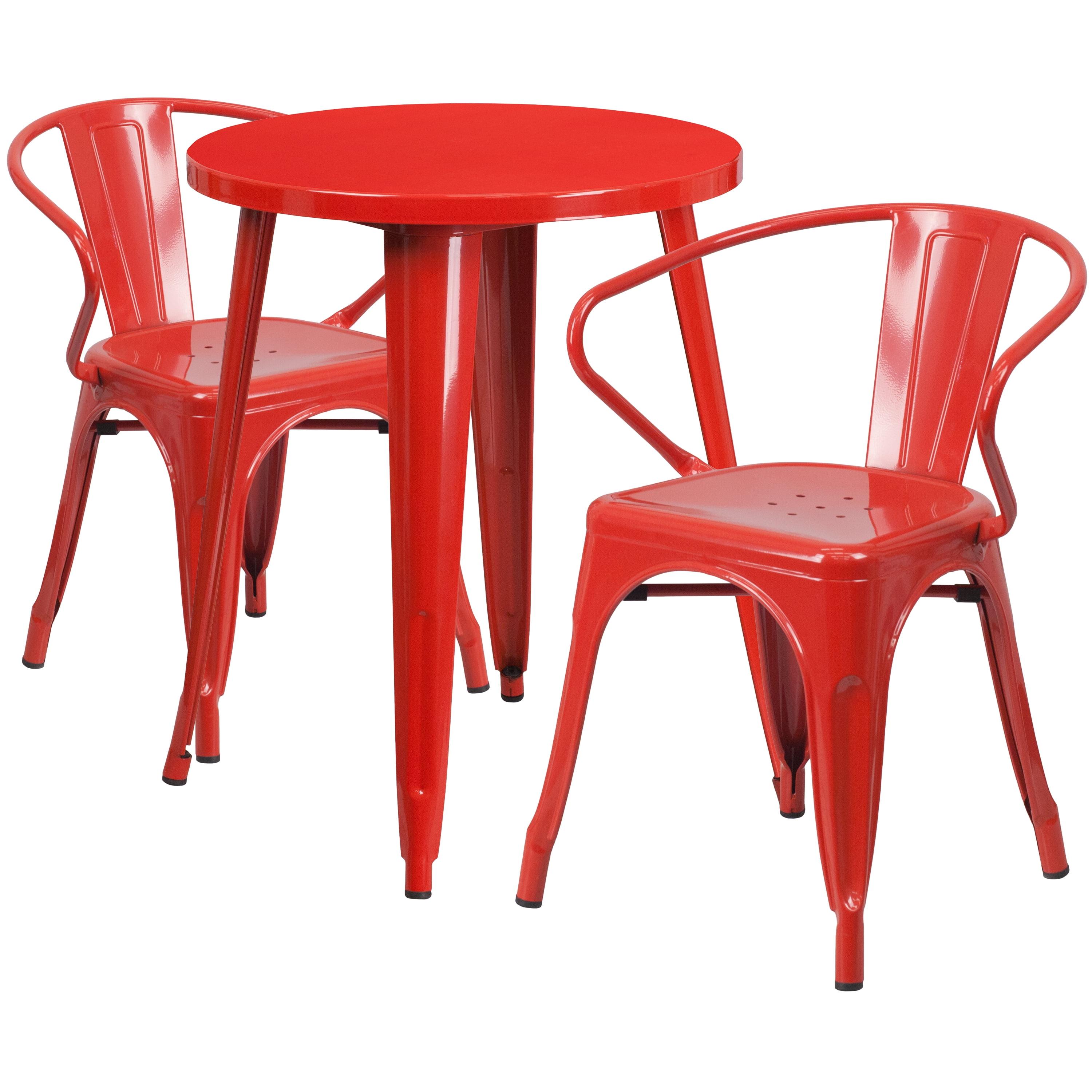 Chic 24" Round Red Metal Indoor/Outdoor Dining Set with 2 Arm Chairs