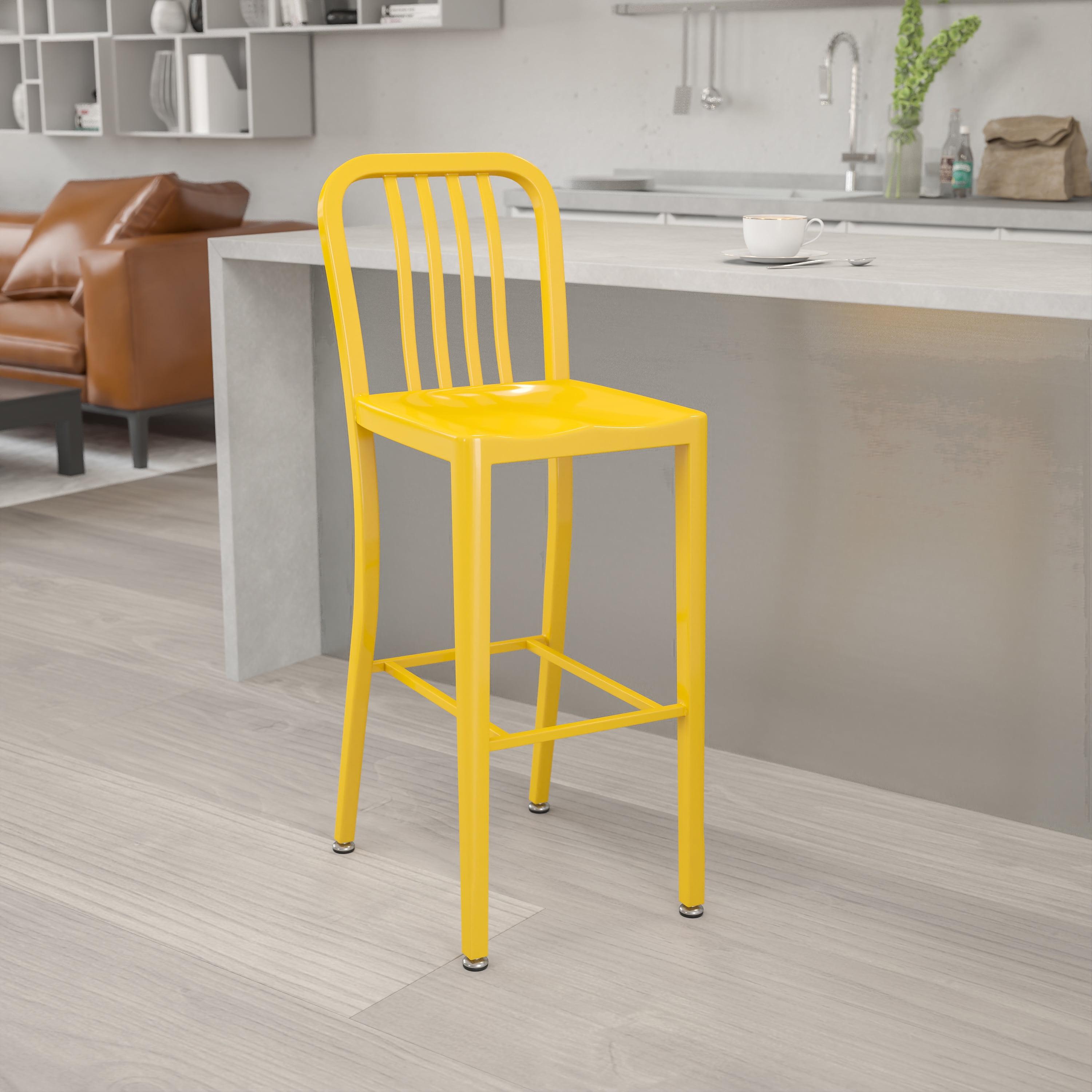 30'' Yellow Metal Indoor-Outdoor Barstool with Slat Back