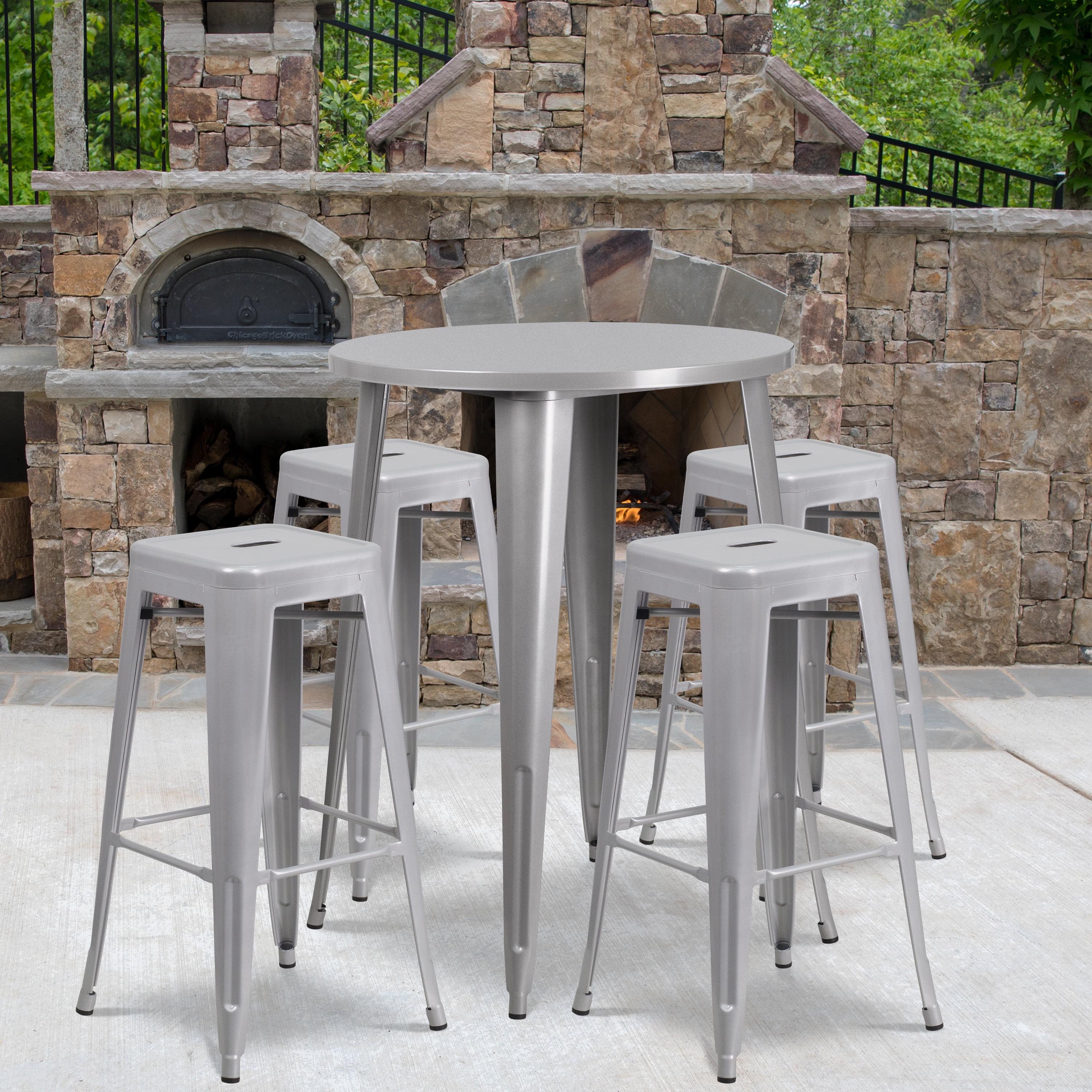 Silver Metal Round Bar Table Set with 4 Backless Stools