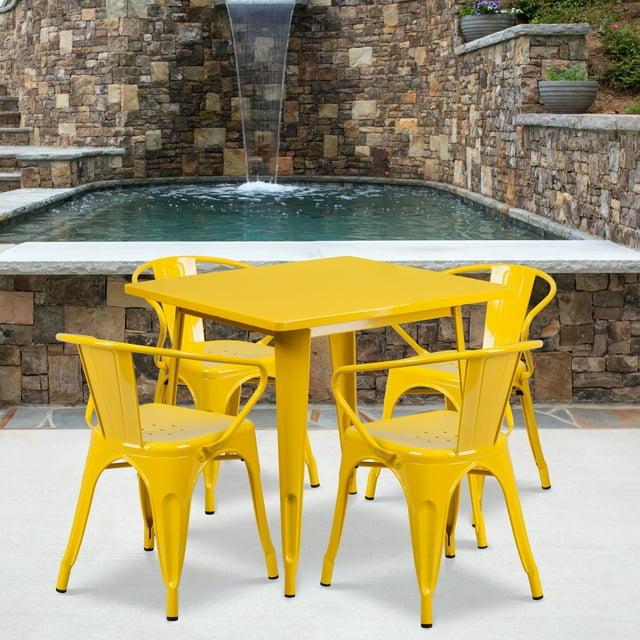 Flash Furniture Commercial Grade 31.5" Square Yellow Metal Indoor-Outdoor Table Set with 4 Arm Chairs