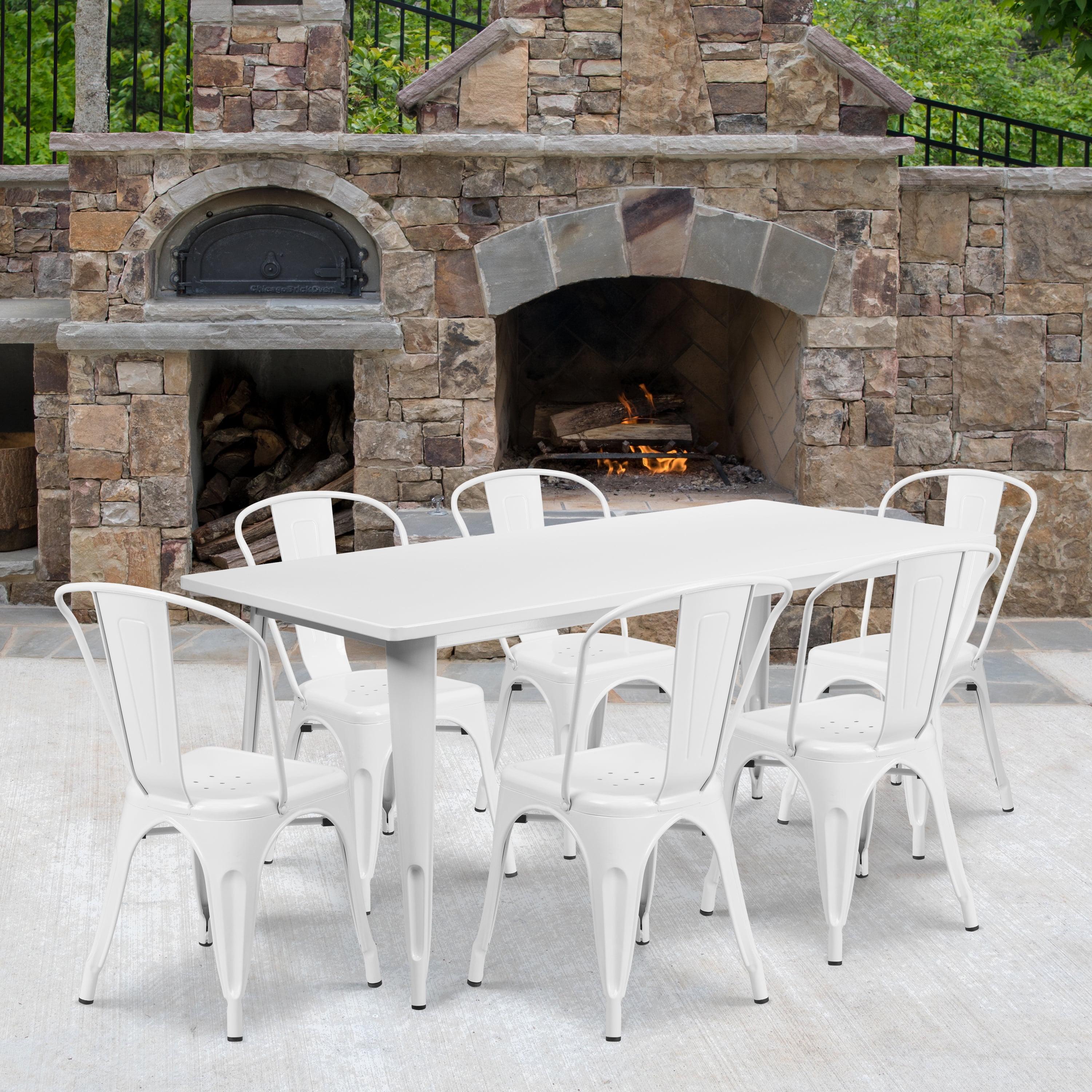 Flash Furniture Commercial Grade 31.5" x 63" Rectangular White Metal Indoor-Outdoor Table Set with 6 Stack Chairs