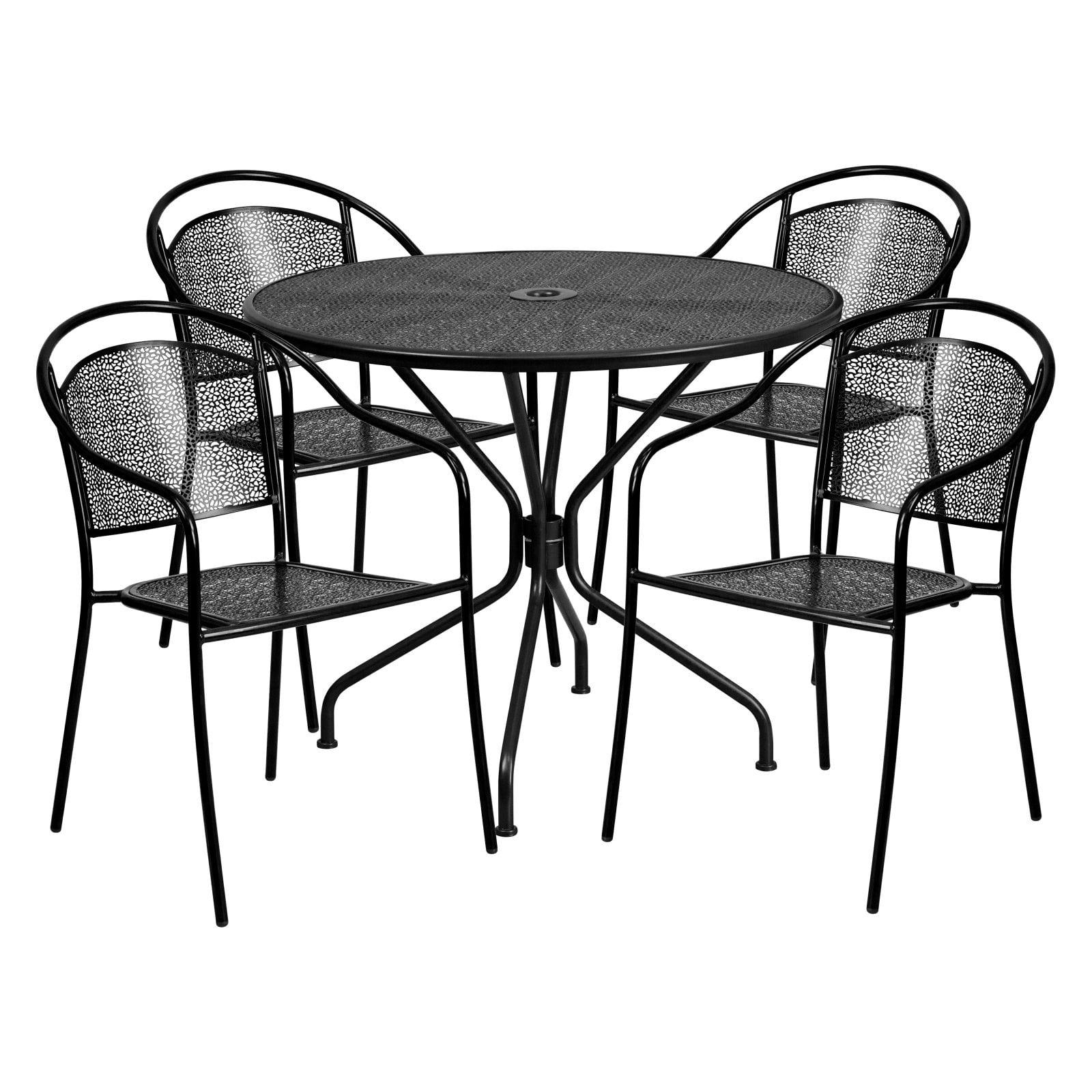 Flash Furniture Oia Commercial Grade 35.25" Round Black Indoor-Outdoor Steel Patio Table Set with 4 Round Back Chairs