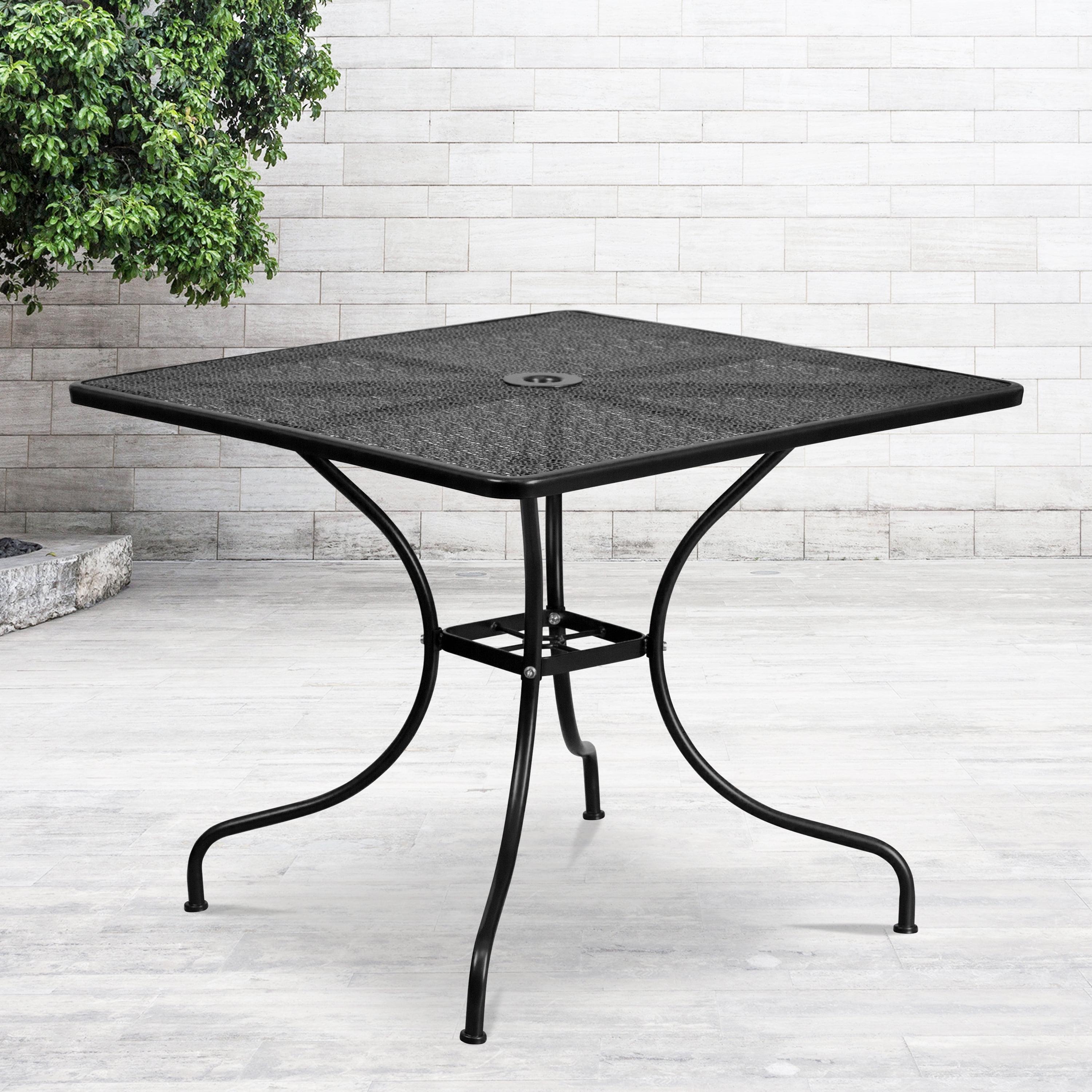 35.5" Square Black Steel Patio Dining Table with Umbrella Hole