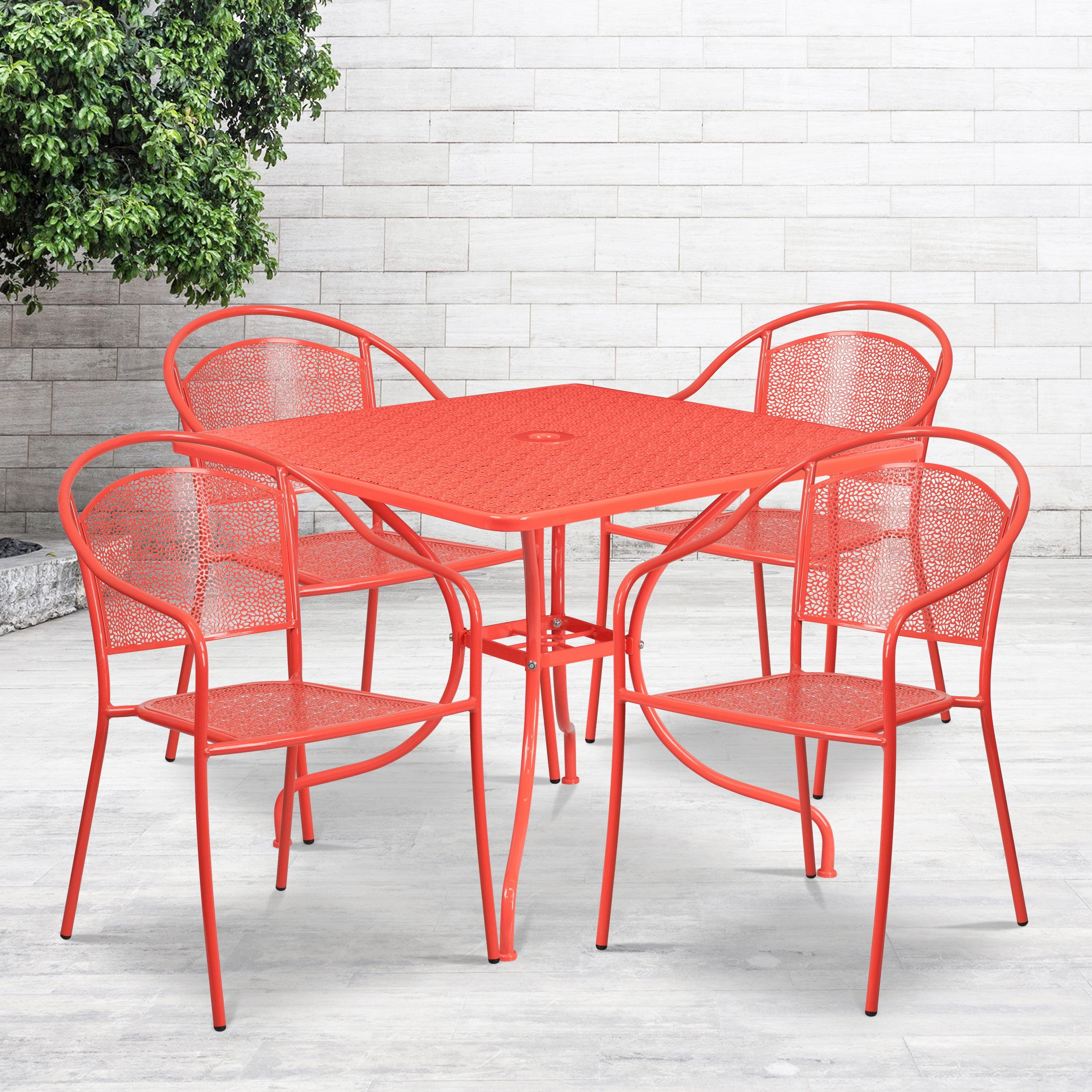 Coral Rain Flower 35.5" Square Steel Outdoor Dining Set with 4 Chairs