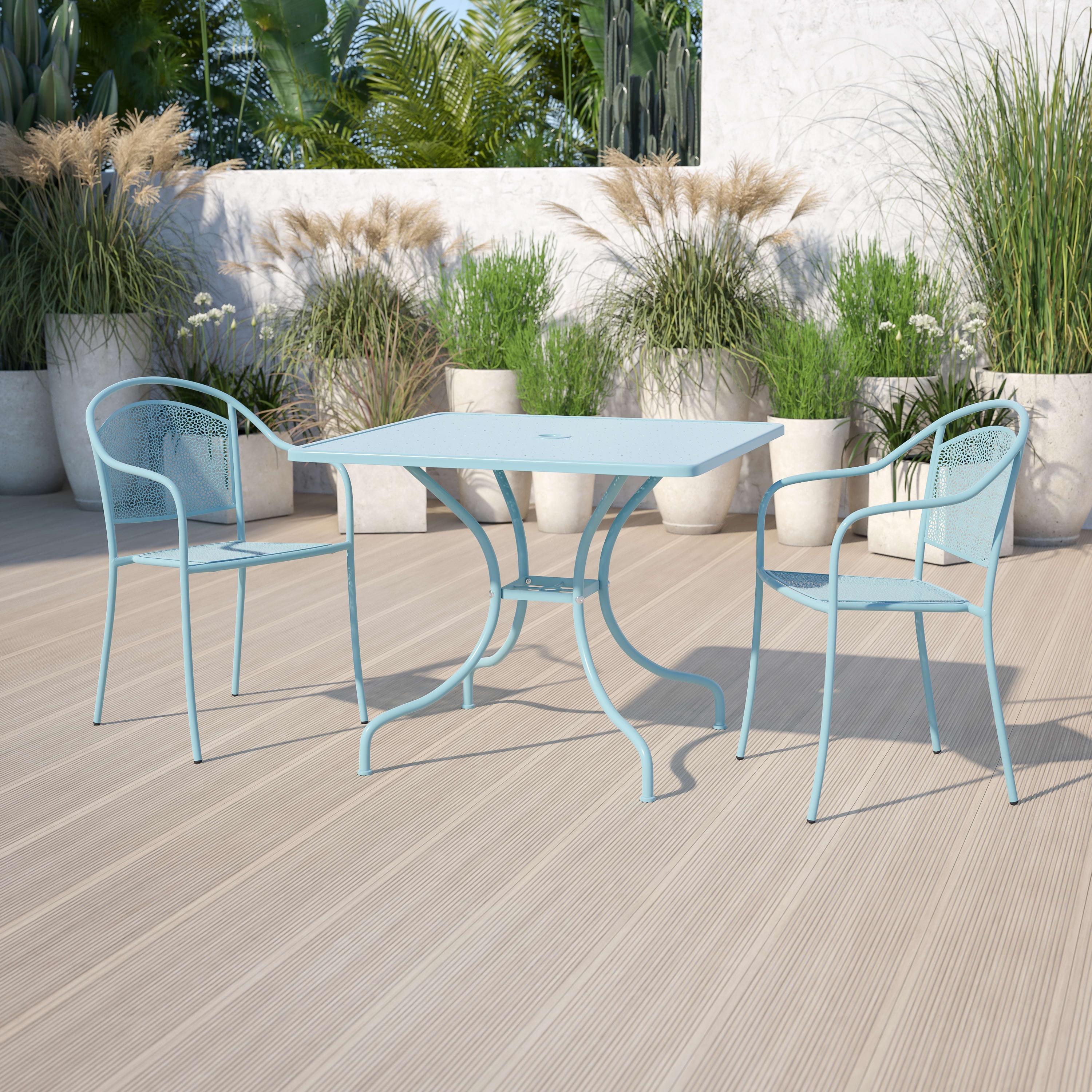 Flash Furniture Oia Commercial Grade 35.5" Square Sky Blue Indoor-Outdoor Steel Patio Table with Umbrella Hole