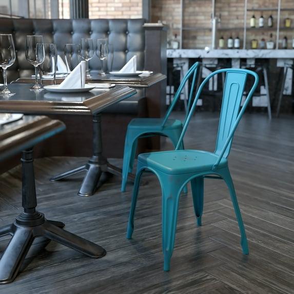 Flash Furniture Commercial Grade Distressed Kelly Blue-Teal Metal Indoor-Outdoor Stackable Chair