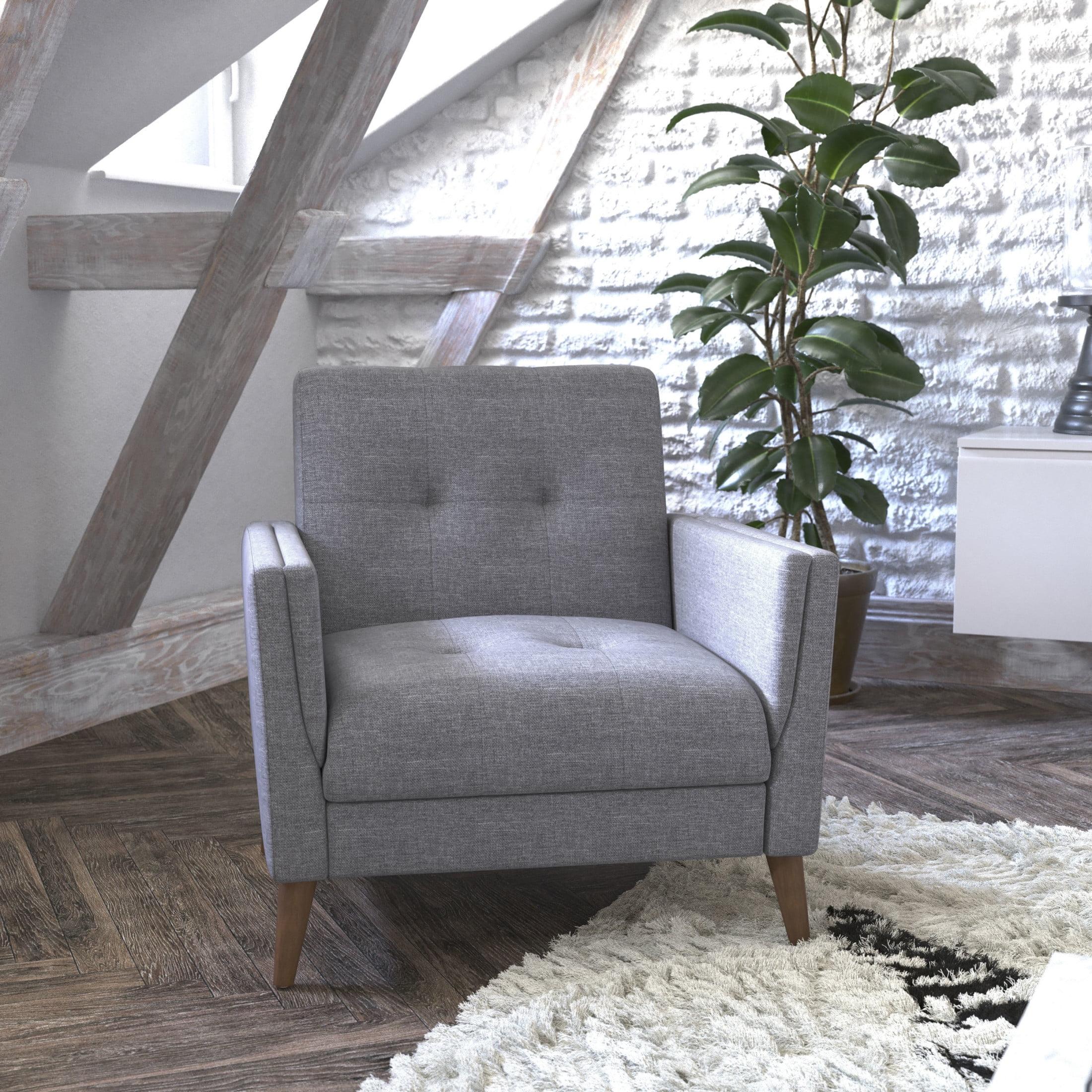 Flash Furniture Conrad Mid-Century Modern Commercial Grade Armchair with Tufted Faux Linen Upholstery & Solid Wood Legs in Slate Gray