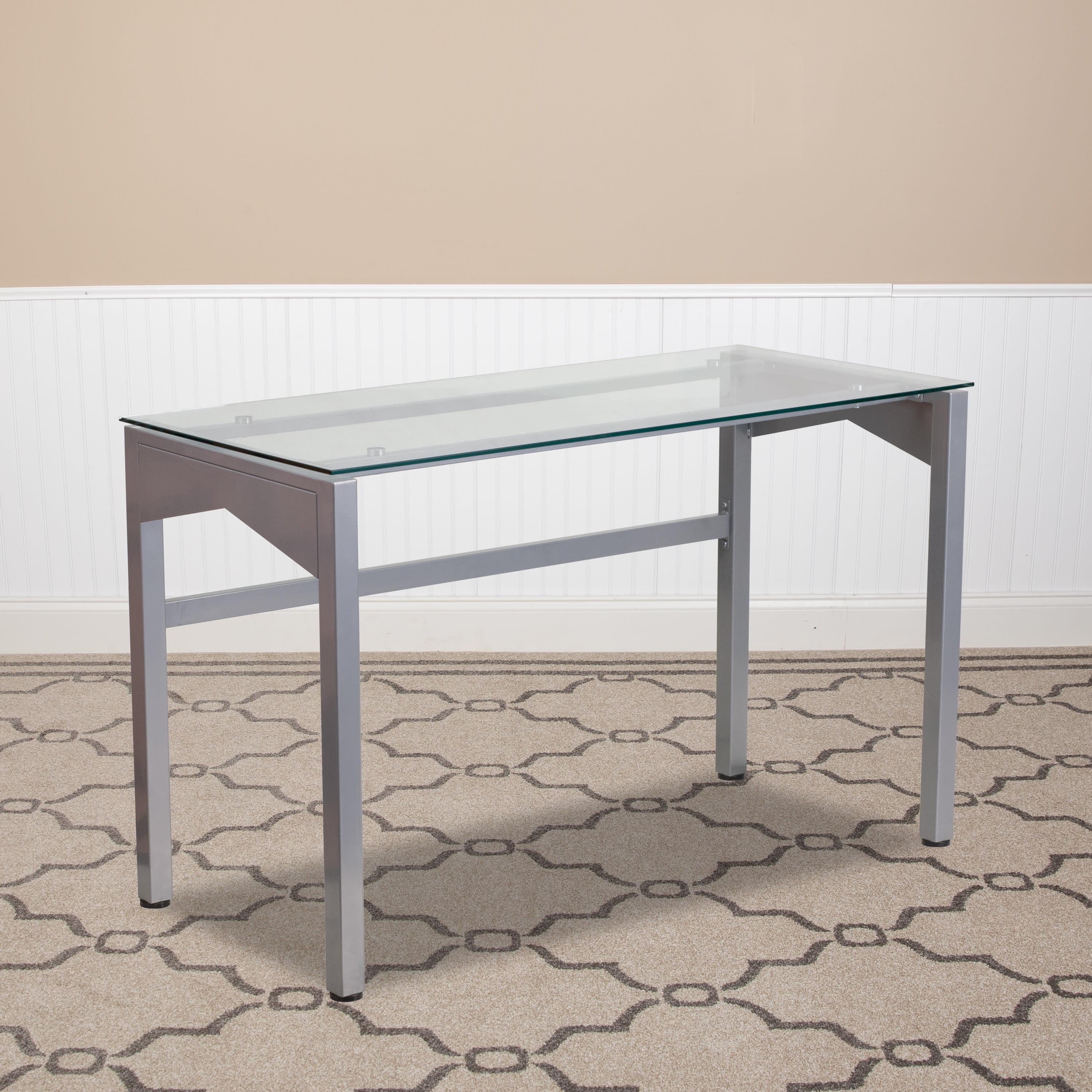 Sleek Gray Tempered Glass Desk with Geometric Drawer