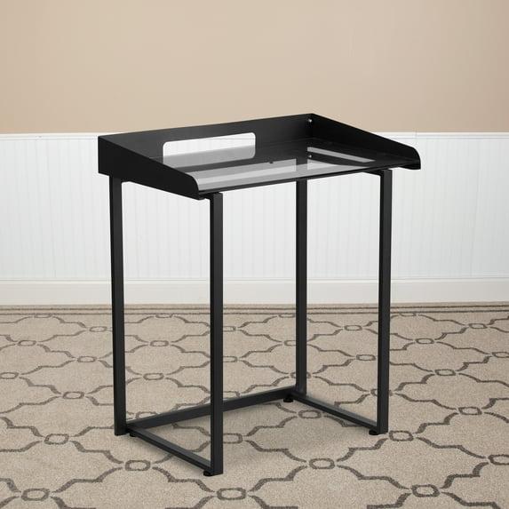 Flash Furniture Escritorio Contemporáneo de Vidrio Templado Transparente con Borde Elevado para Gestión de Cables y Estructura de Metal Negro