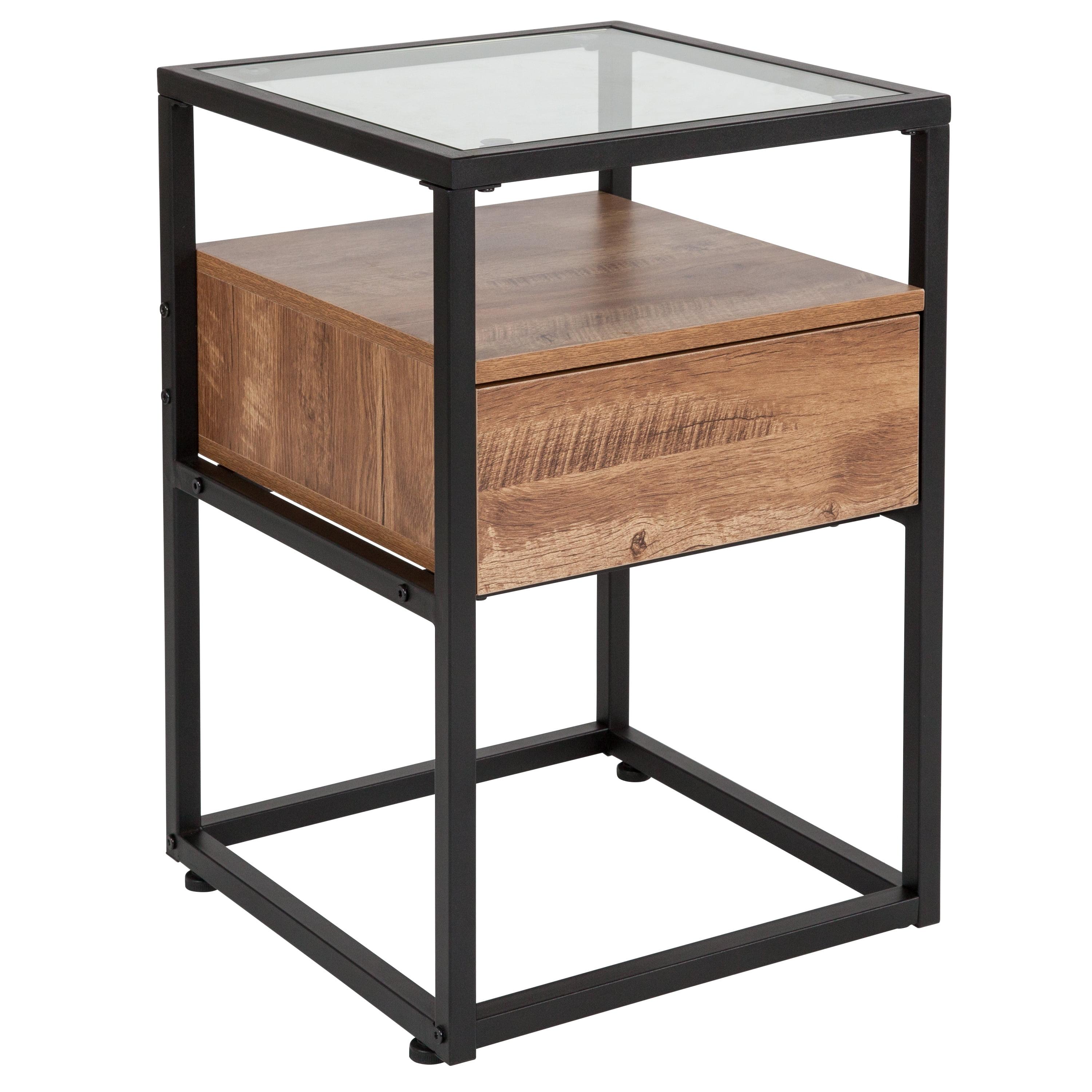 Rustic Glass and Metal End Table with Storage Drawer