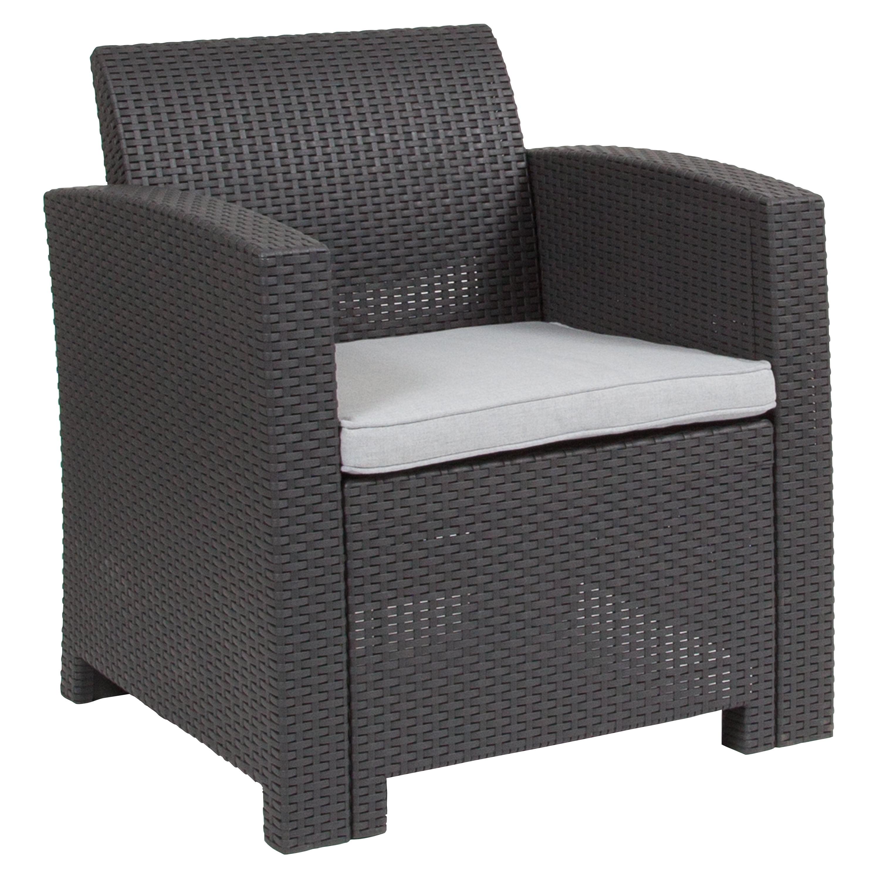 Light Gray Faux Rattan Armchair with Cushions