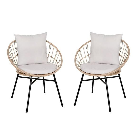 Flash Furniture Devon Set of 2 Indoor/Outdoor Modern Papasan Patio Chairs, Rope with Tan Finish PE Wicker Rattan and Light Gray Cushions