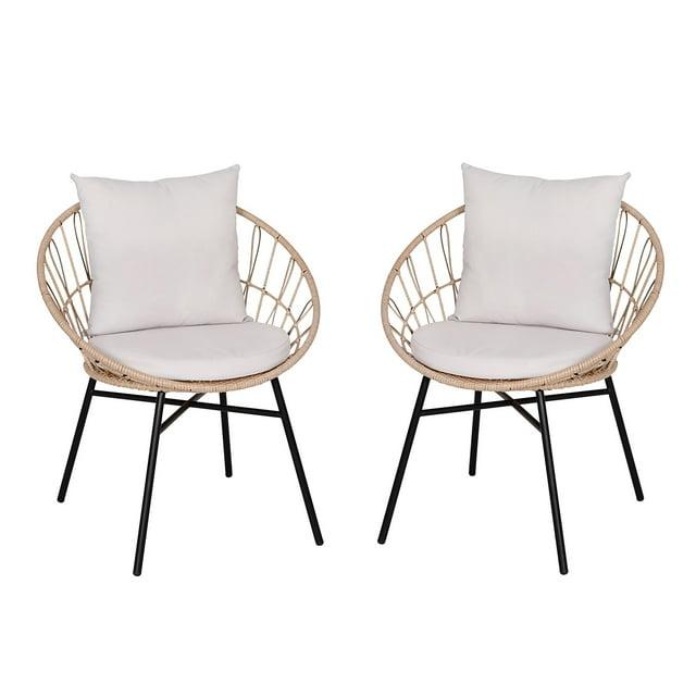 Flash Furniture Devon Set of 2 Indoor/Outdoor Modern Papasan Patio Chairs, Rope with Tan Finish PE Wicker Rattan and Light Gray Cushions