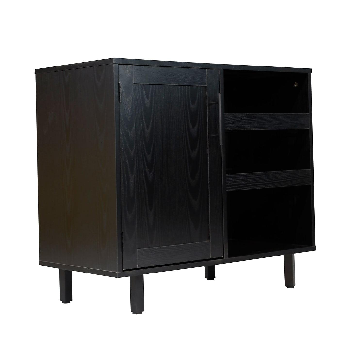 Flash Furniture Elmont Classic Bar and Sideboard with Shaker Style Single Door Cabinet with Hanging Glass Storage and Open Bottle Shelves, Black
