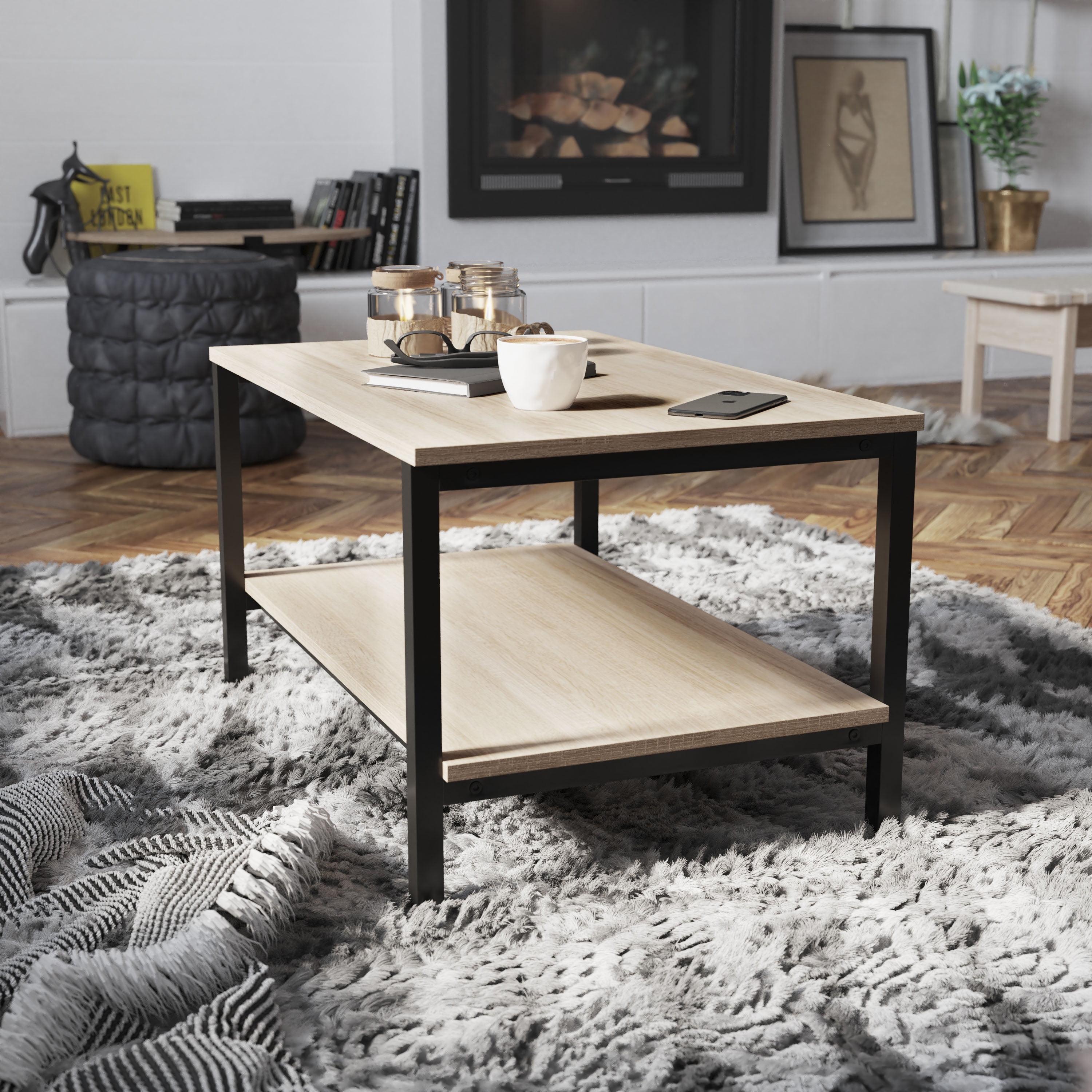 Driftwood and Black Metal Rectangular Coffee Table with Shelf