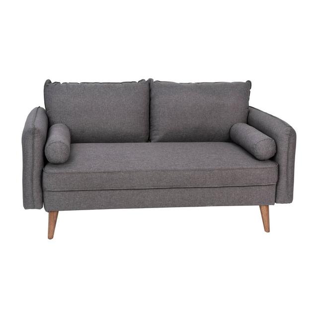 Flash Furniture Evie Mid-Century Modern Loveseat Sofa with Faux Linen Fabric Upholstery & Solid Wood Legs in Stone Gray