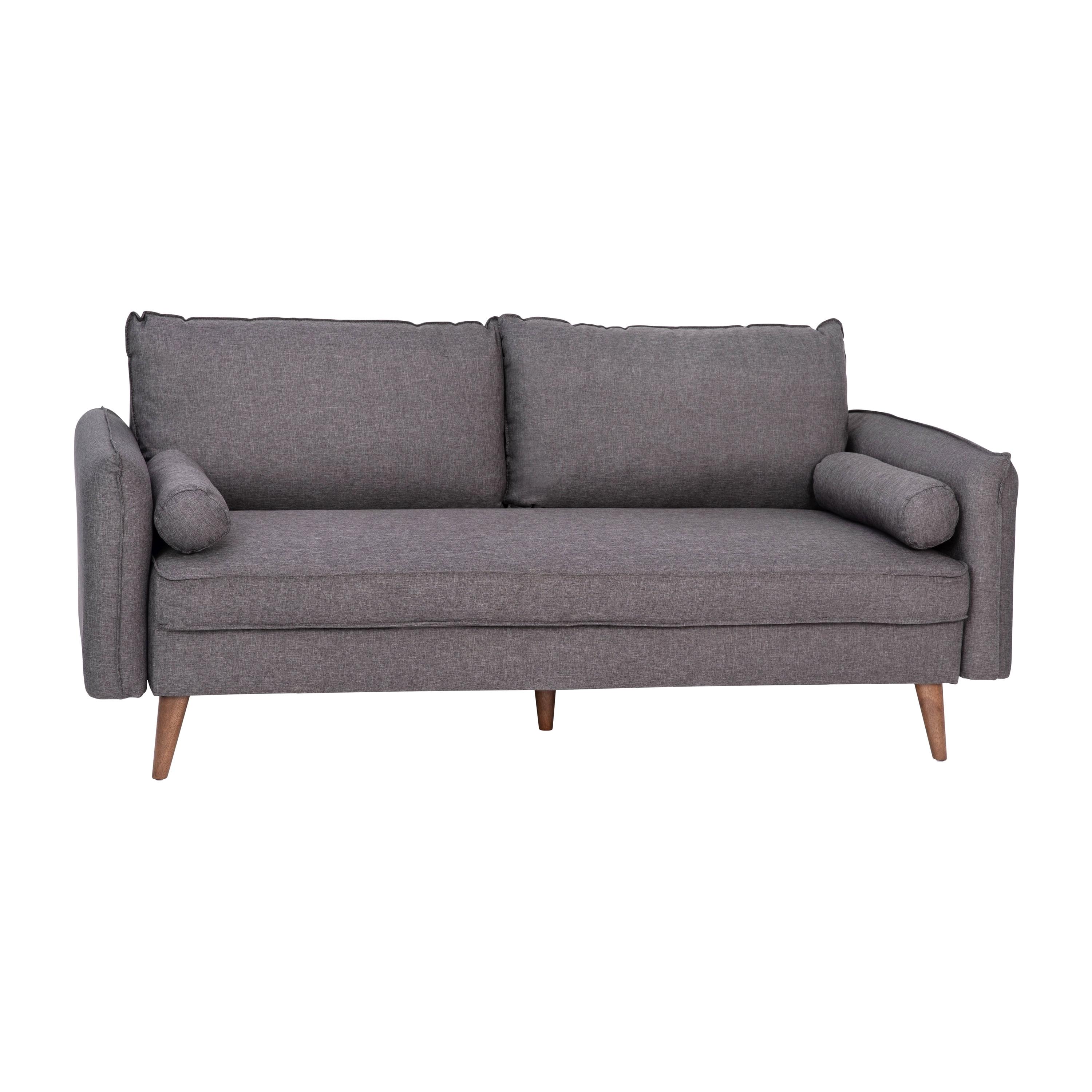 Flash Furniture Evie Mid-Century Modern Sofa with Faux Linen Fabric Upholstery & Solid Wood Legs in Stone Gray