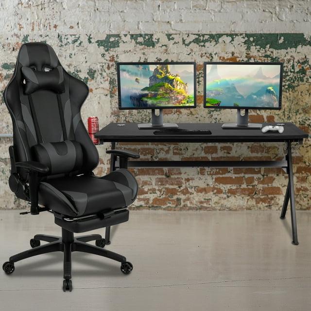 Flash Furniture Gaming Desk and Gray Footrest Reclining Gaming Chair Set - Cup Holder/Headphone Hook/Removable Mouse Pad Top/Wire Management