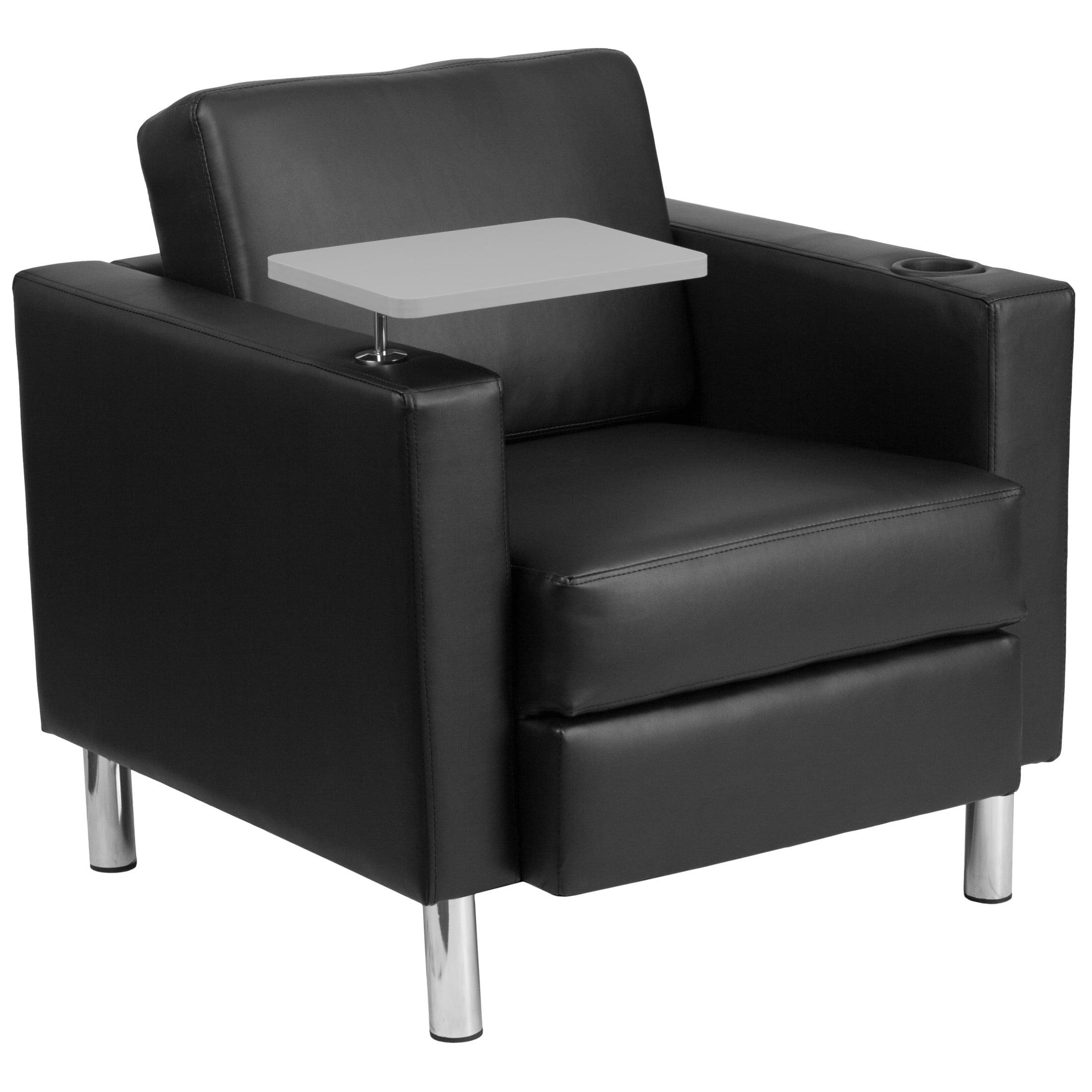 Black Leather Swivel Guest Chair with Tablet Arm and Chrome Legs