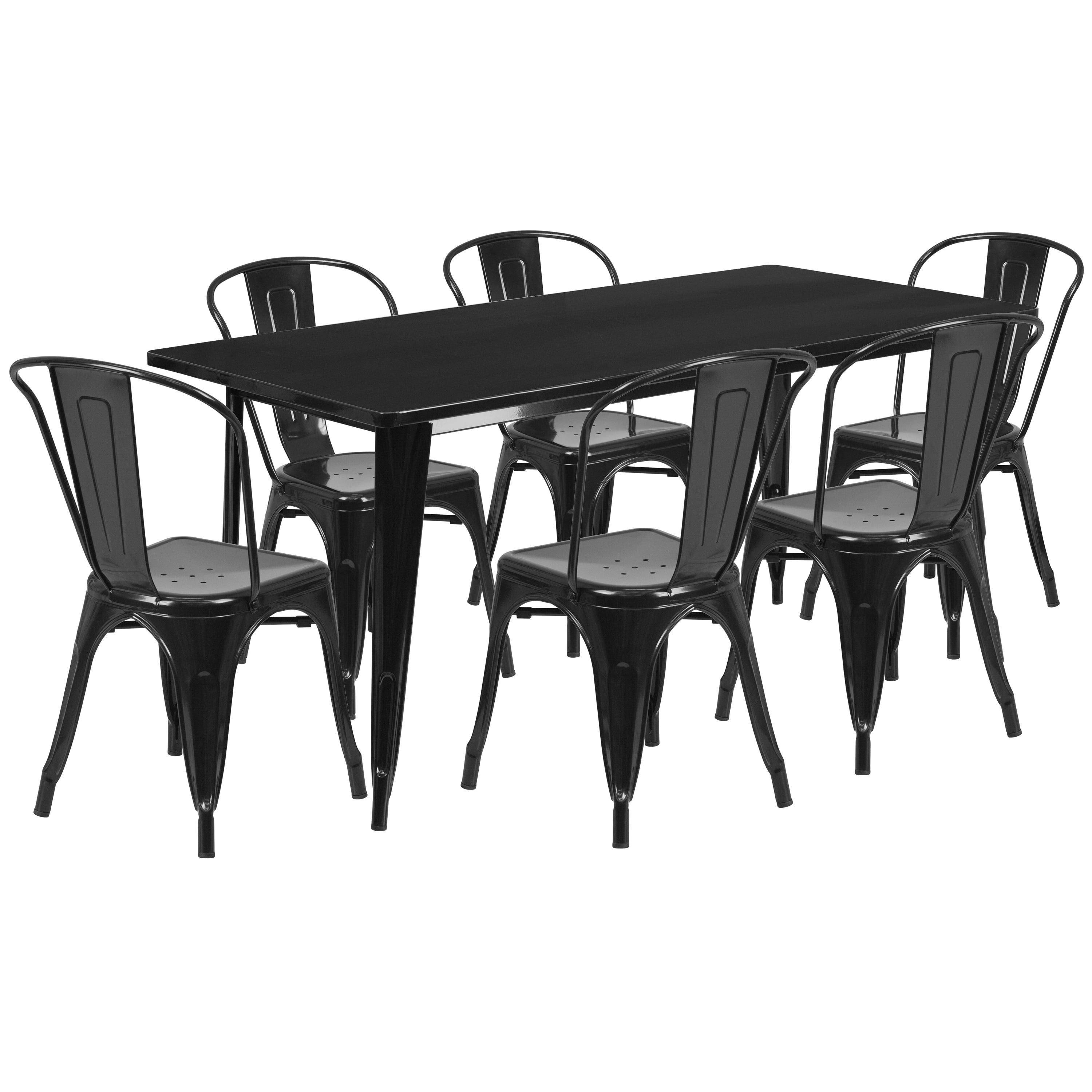 Flash Furniture Commercial Grade 31.5" x 63" Rectangular Metal Indoor-Outdoor Table Set with 6 Stack Chairs