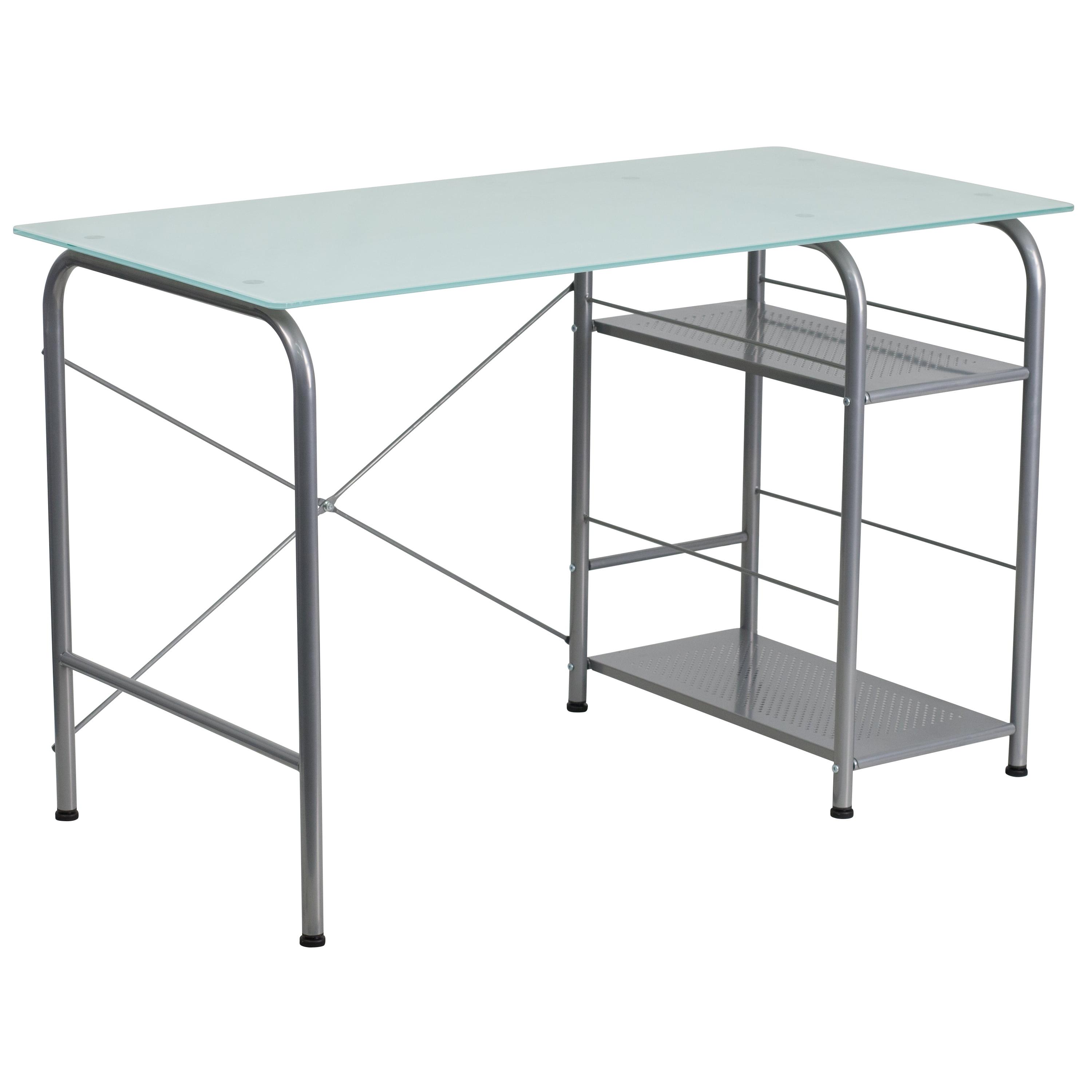 Silk White and Silver Tempered Glass Computer Desk with Open Storage