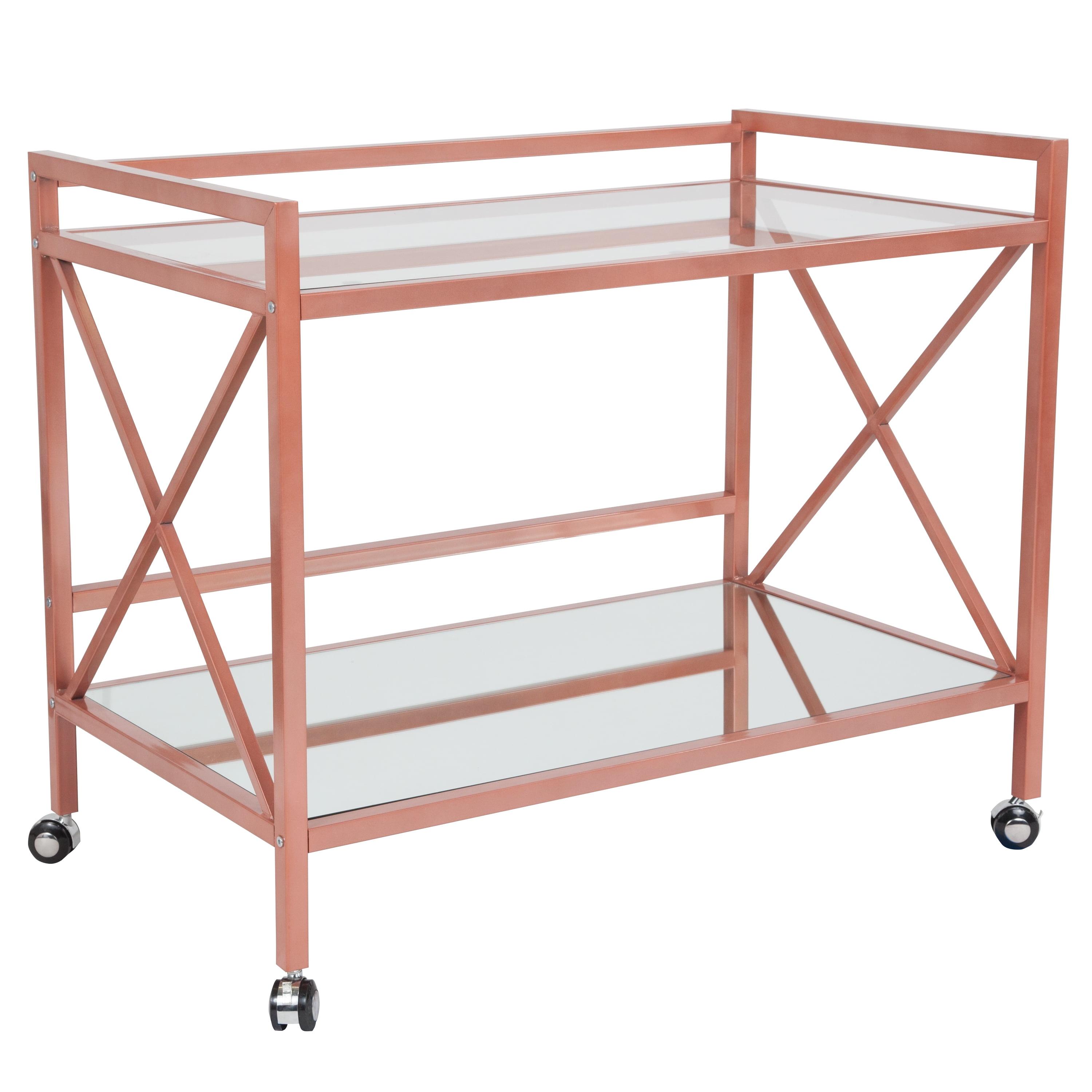 Flash Furniture Glenwood Park Glass Kitchen Serving and Bar Cart with Rose Gold Frame