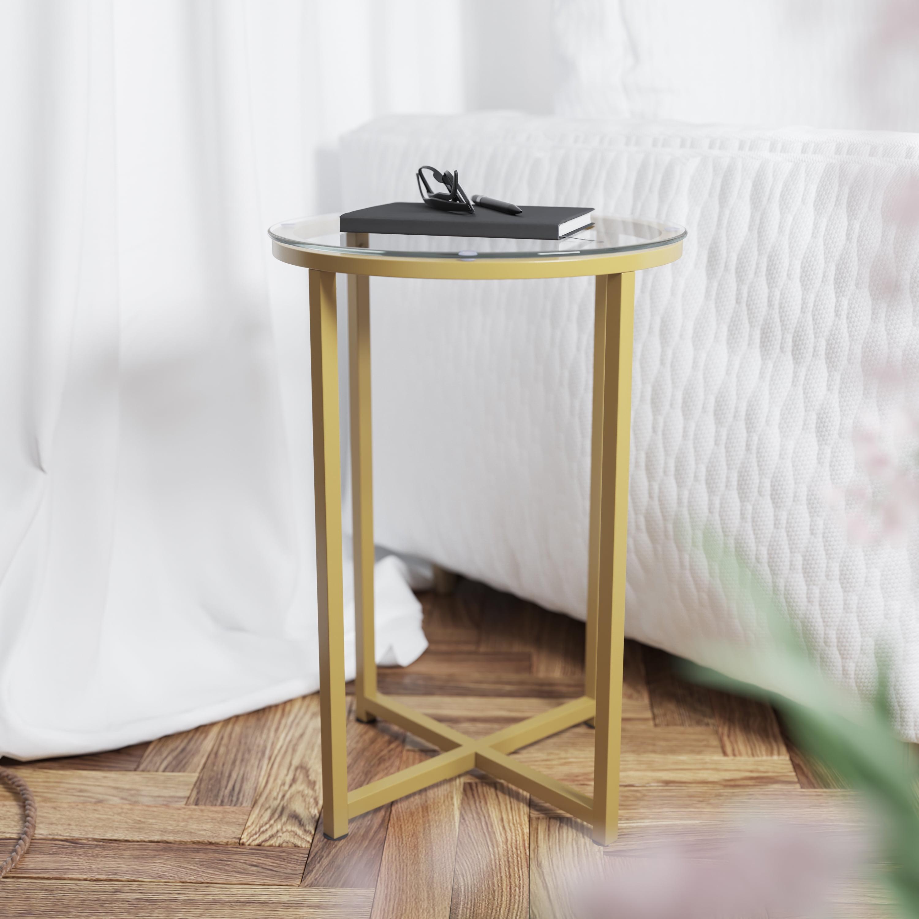 Elegant Round Glass Top End Table with Brushed Gold Crisscross Base