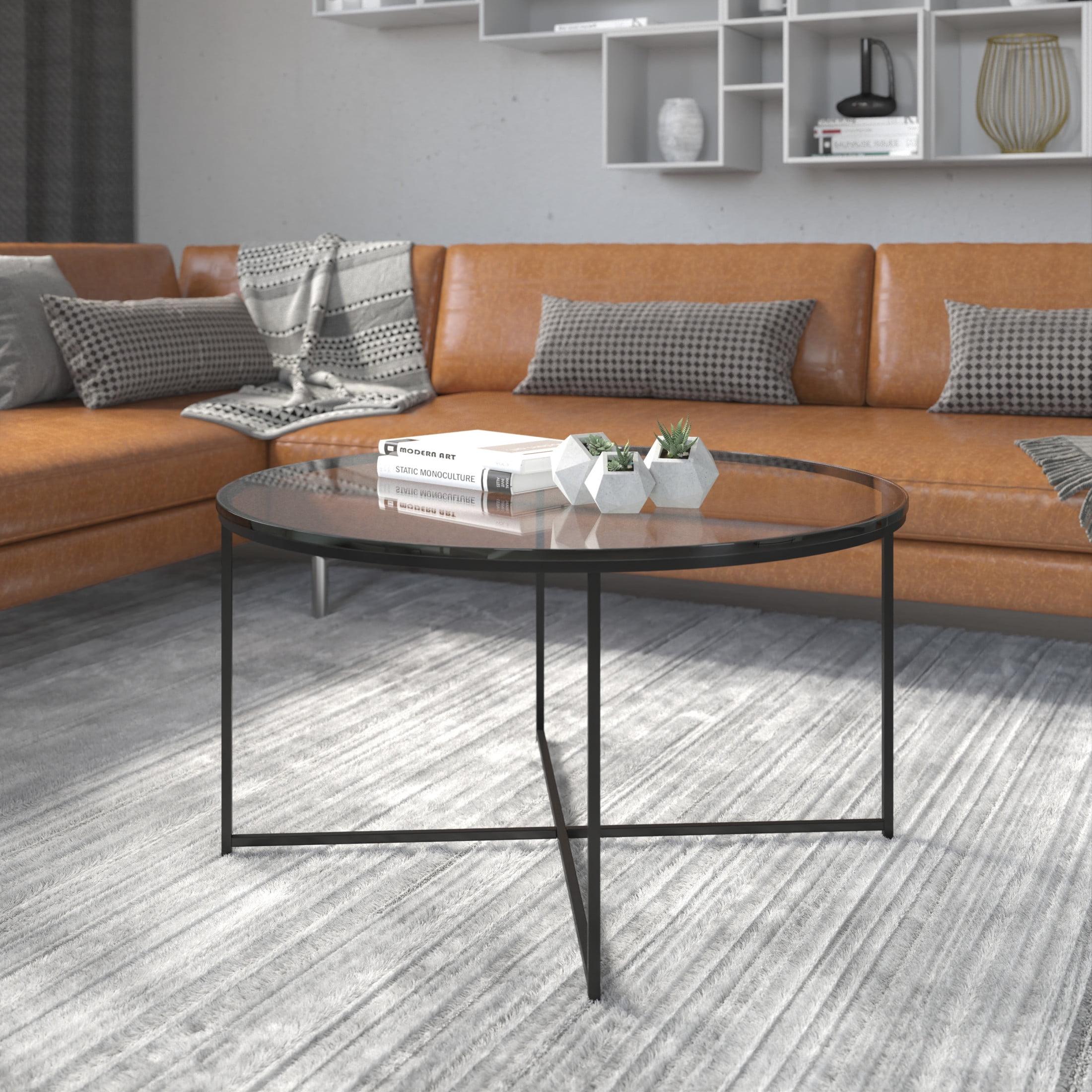 Flash Furniture Greenwich Collection Coffee Table - Modern Clear Glass Accent Table with Crisscross Matte Black Frame