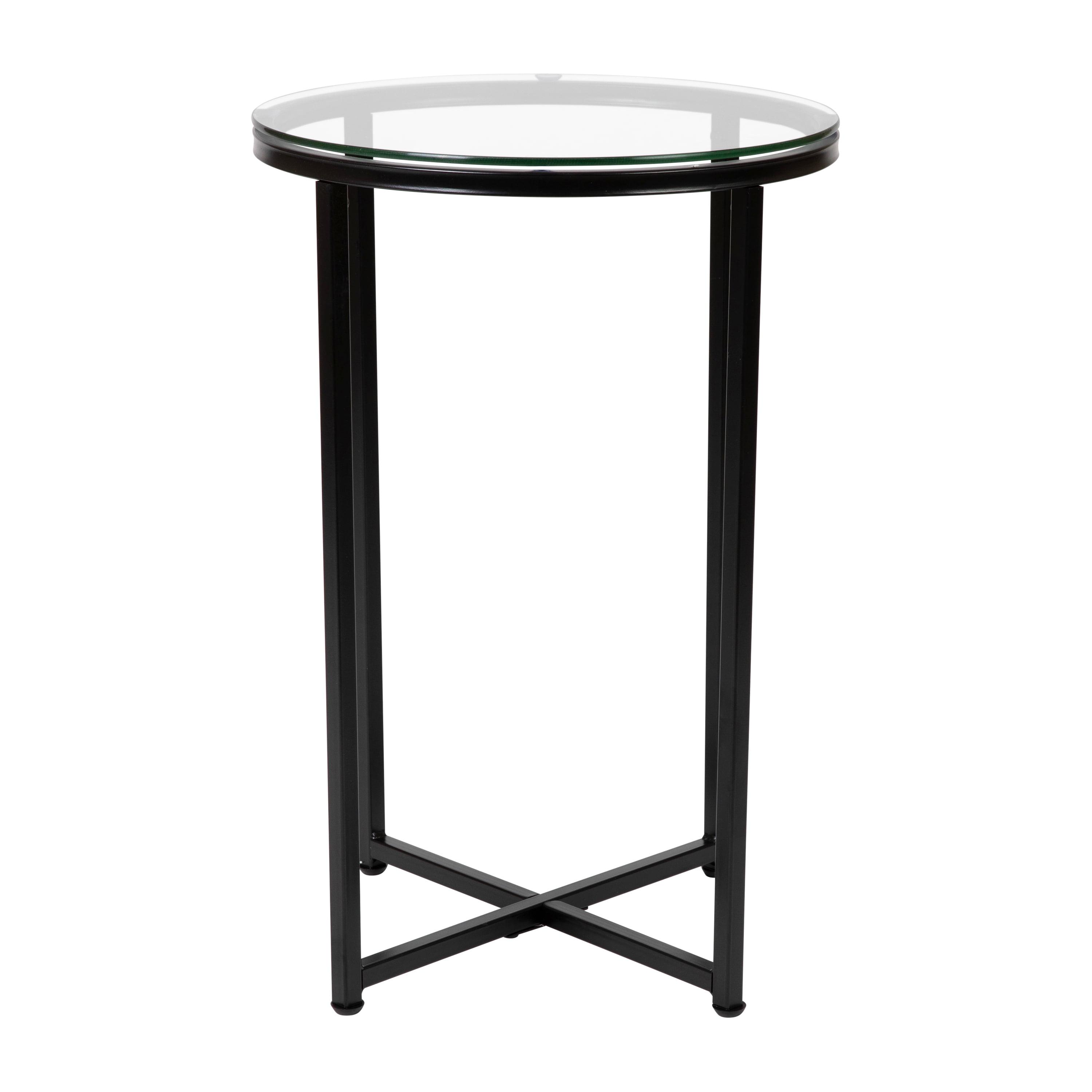 Round Clear Glass End Table with Matte Black Metal Frame