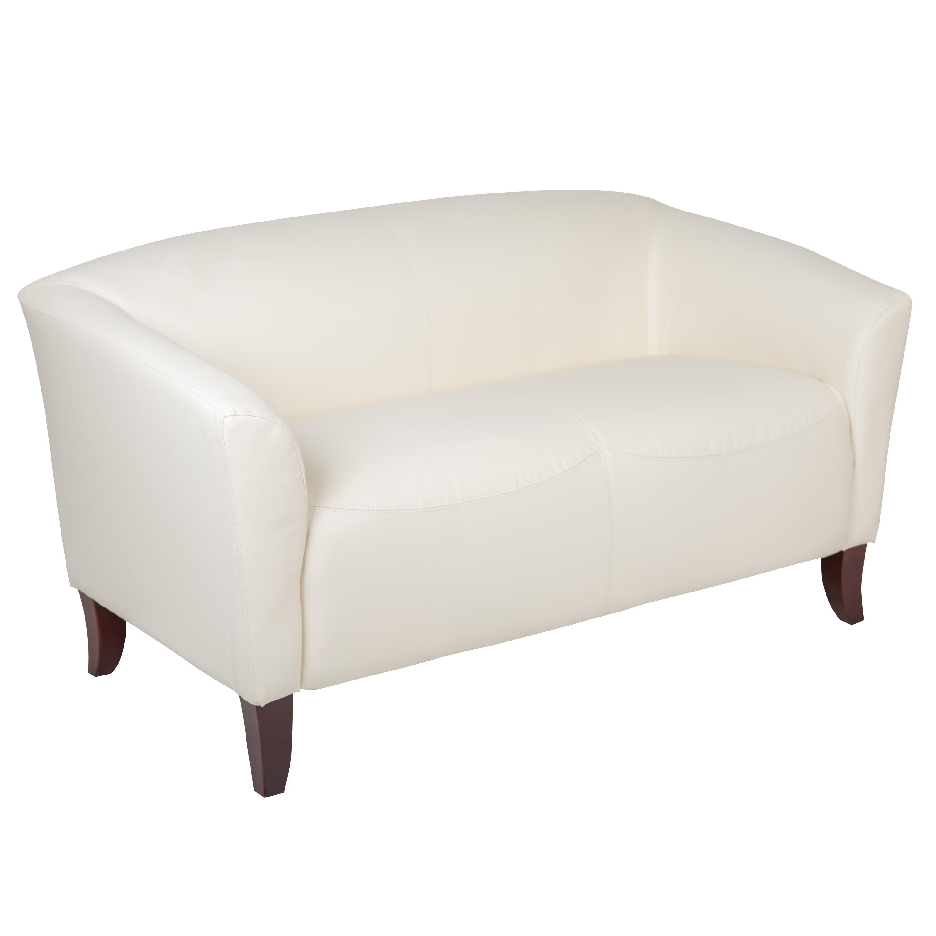 Modern Ivory Faux Leather Loveseat with Cherry Stained Wood Legs