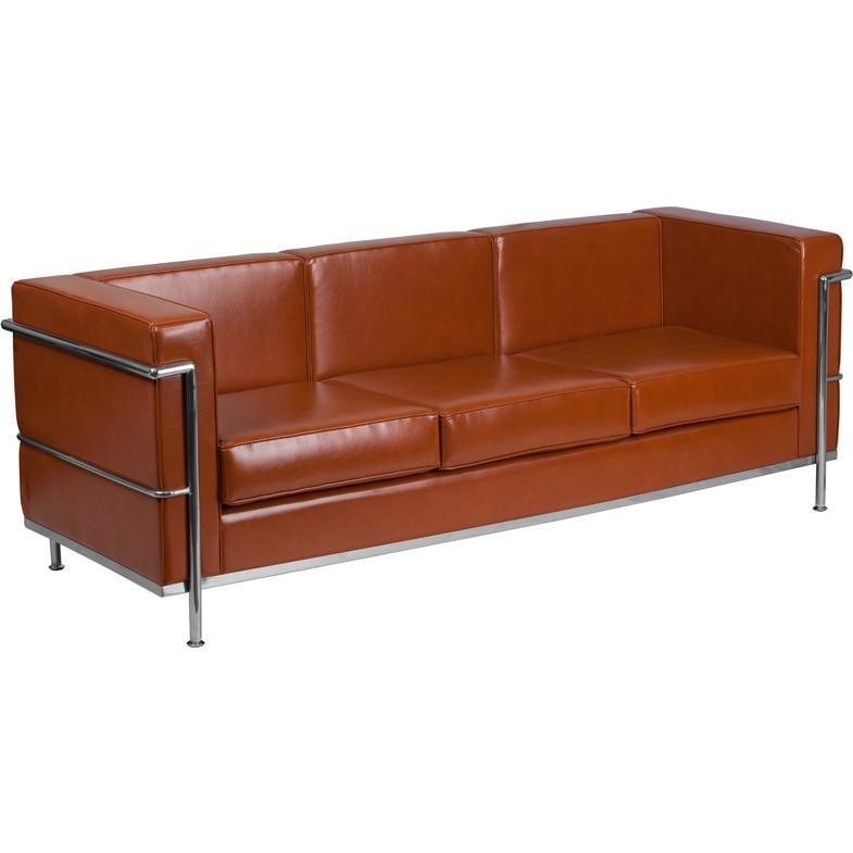 Cognac Faux Leather Sofa with Stainless Steel Frame and Removable Cushions