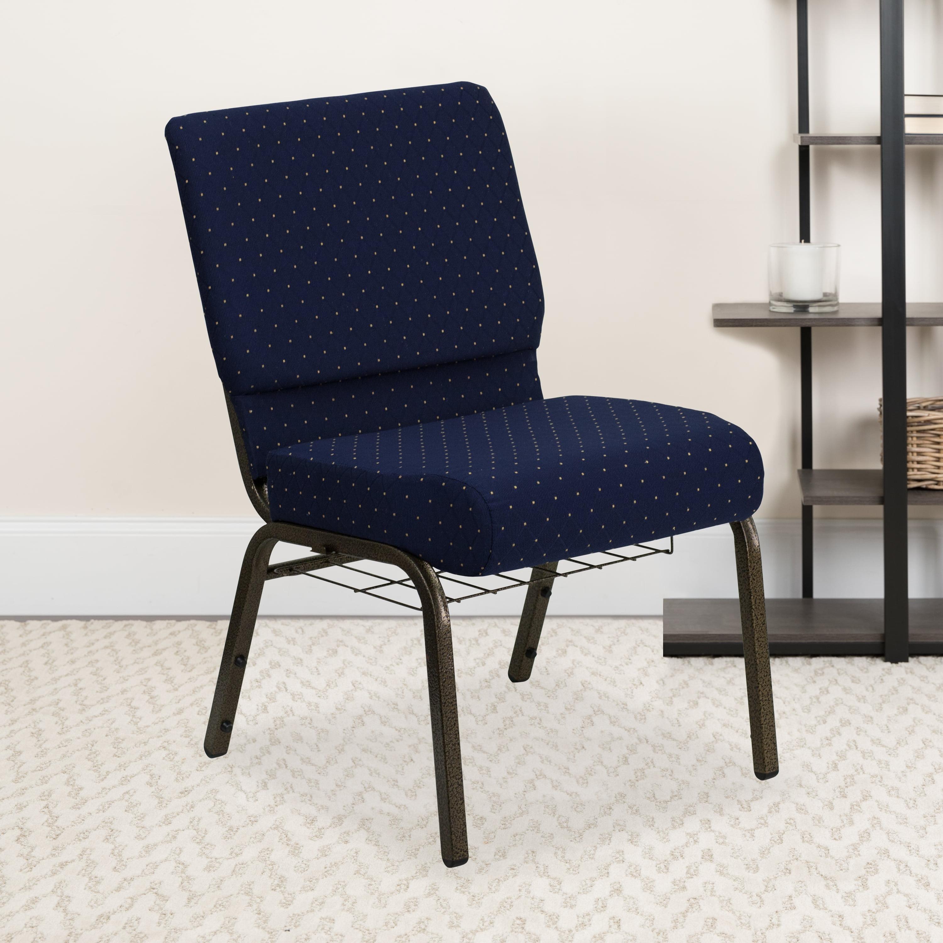 Elegant Navy Blue Fabric Stacking Chair with Gold Steel Frame