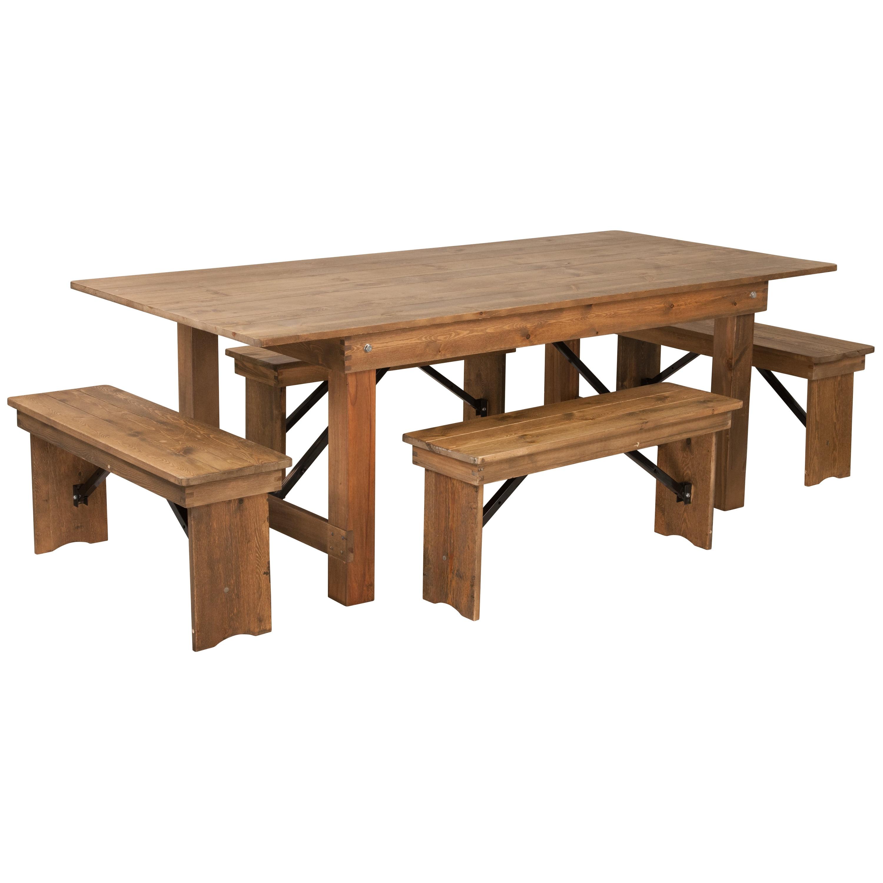 Antique Rustic 6-Person Pine Wood Farm Dining Set with Benches