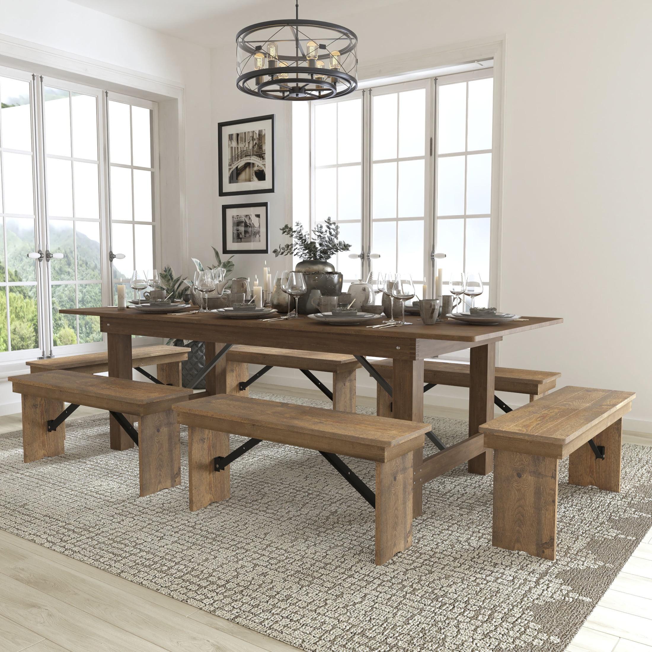 Antique Rustic Pine Farmhouse Dining Table and Bench Set