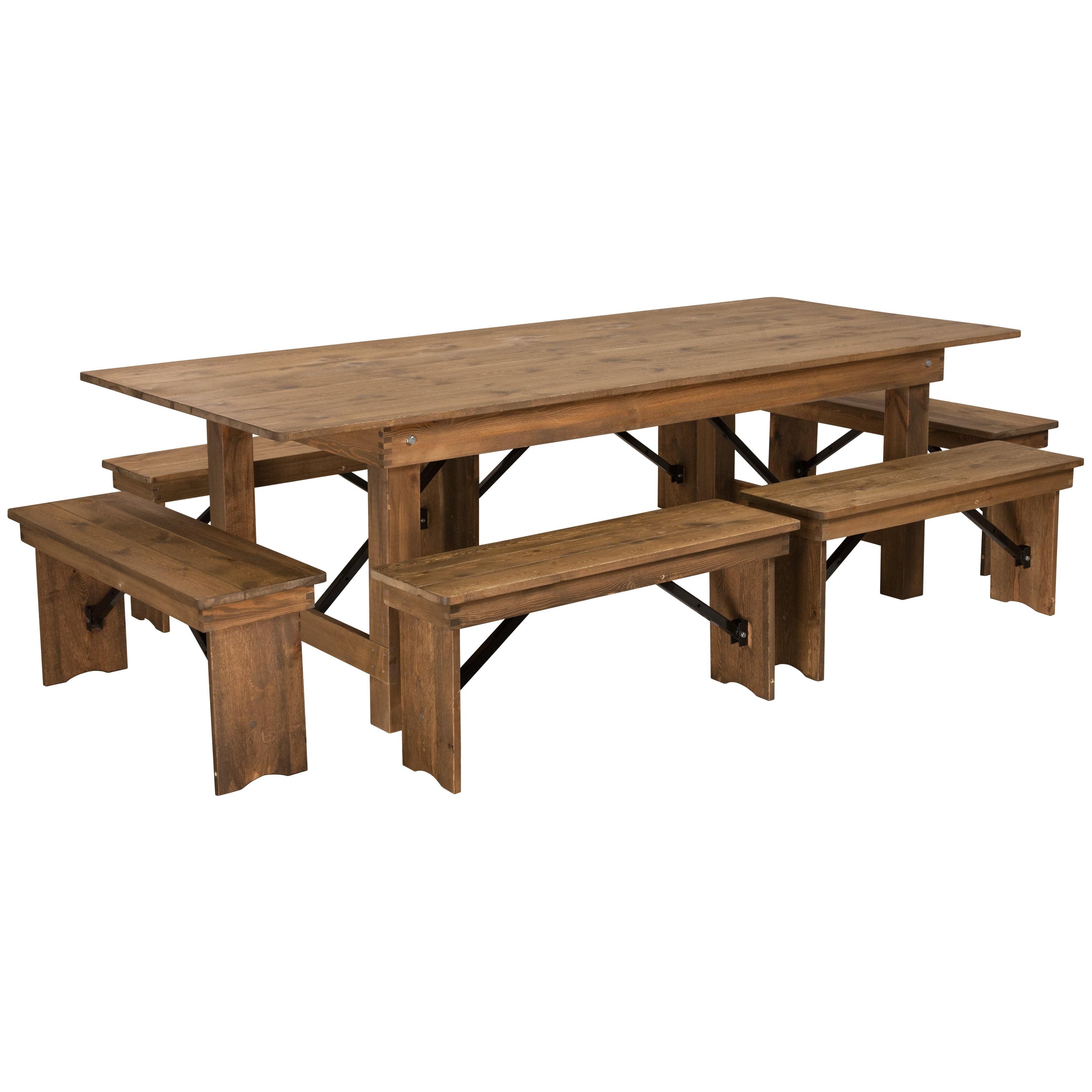 Antique Rustic Pine Farmhouse Dining Table and Bench Set