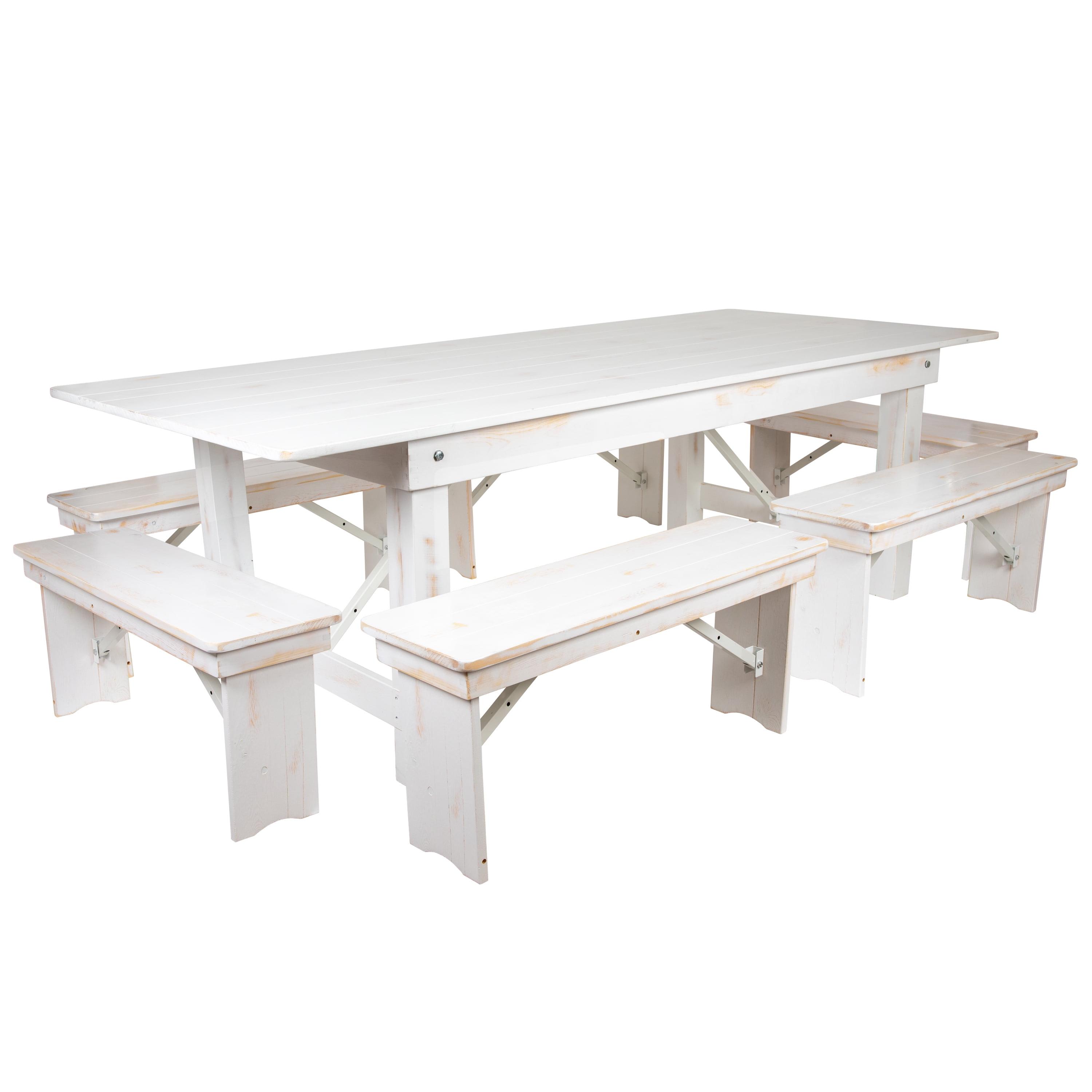 Antique Rustic White Solid Pine 8' Folding Farm Table & Bench Set