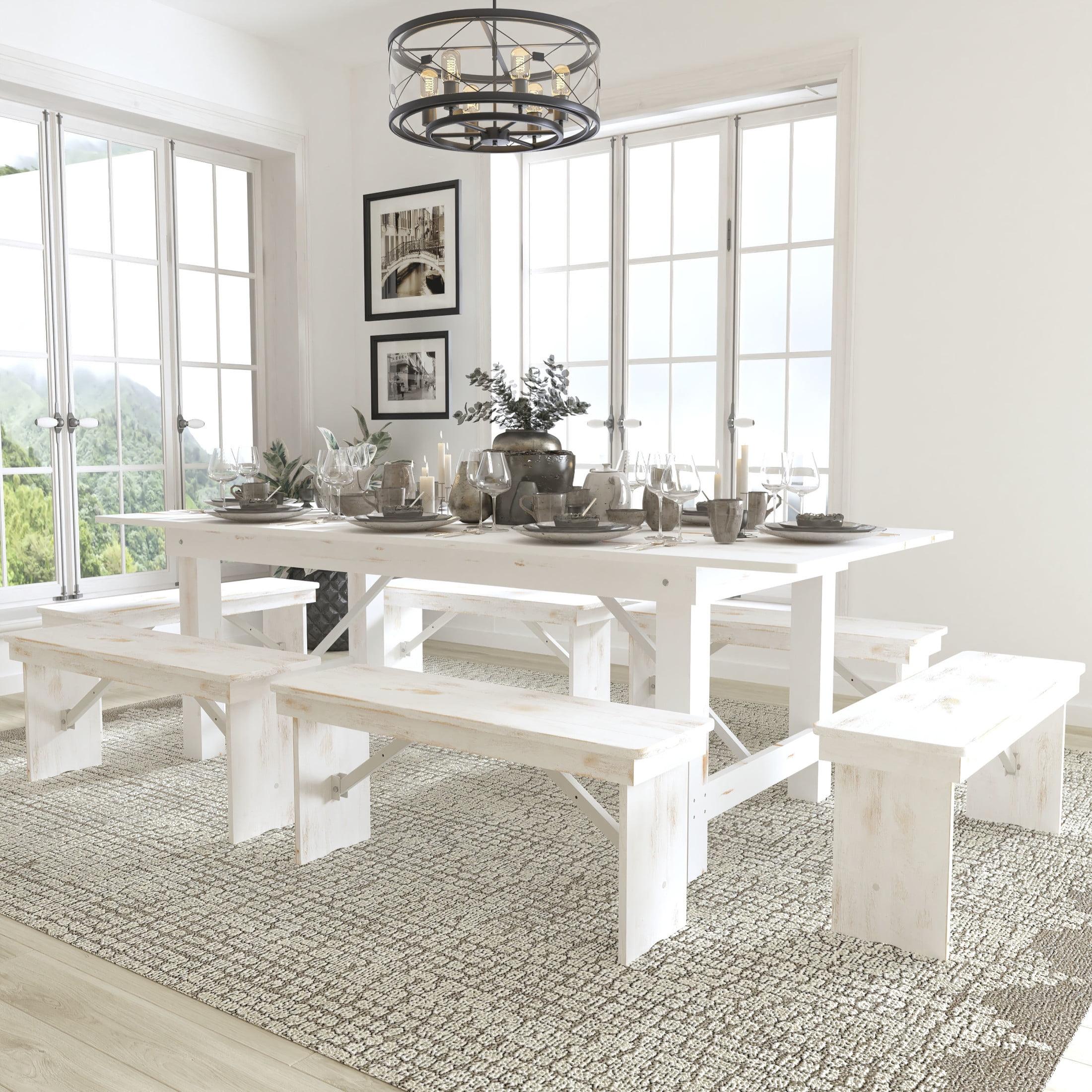 Montana 8' X 40" Antique Rustic White Folding Farm Table And Six Bench Set