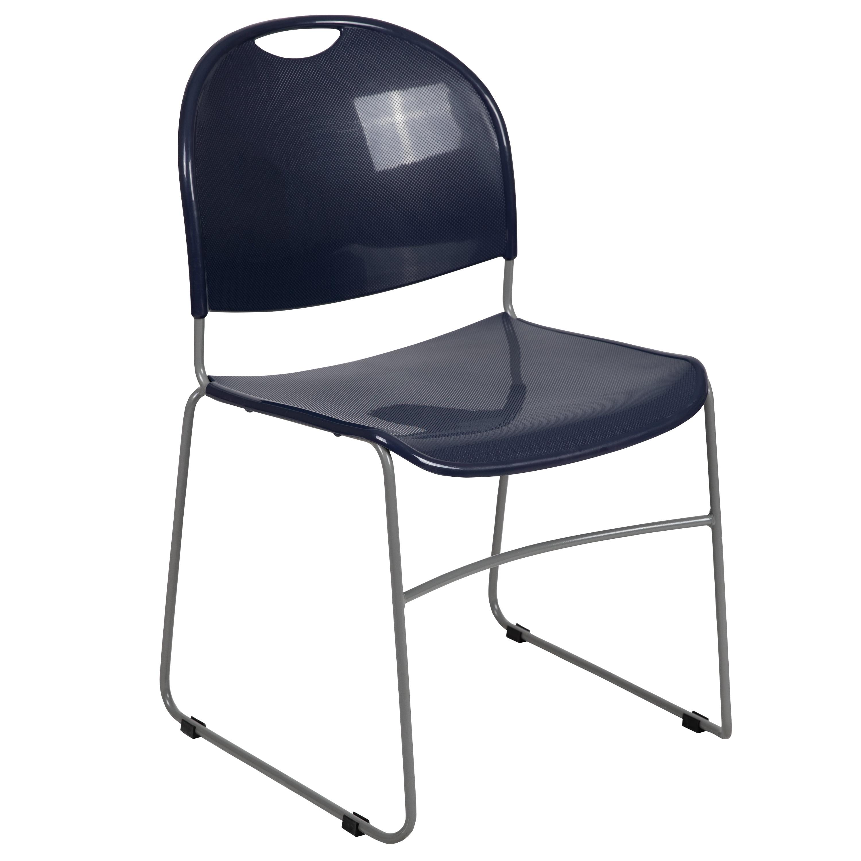 Modern Sleek Silver Metal Stackable Chair with Navy Seat