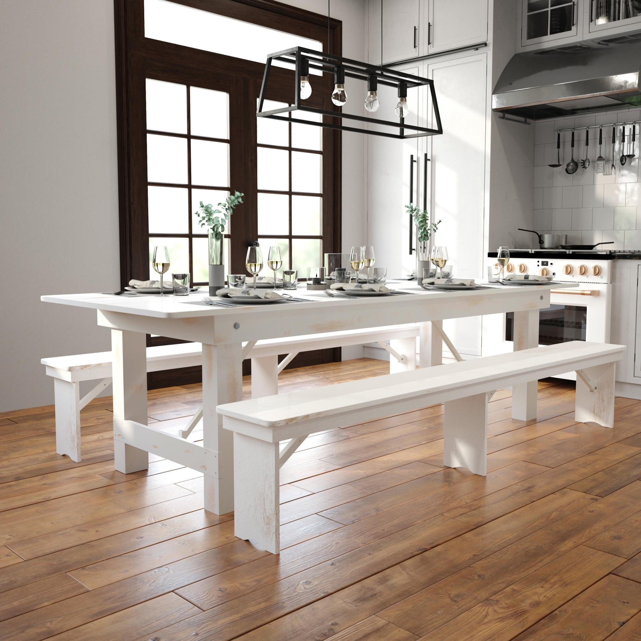 Flash Furniture HERCULES Series 9' x 40" Rectangular Antique Rustic White Solid Pine Folding Farm Table