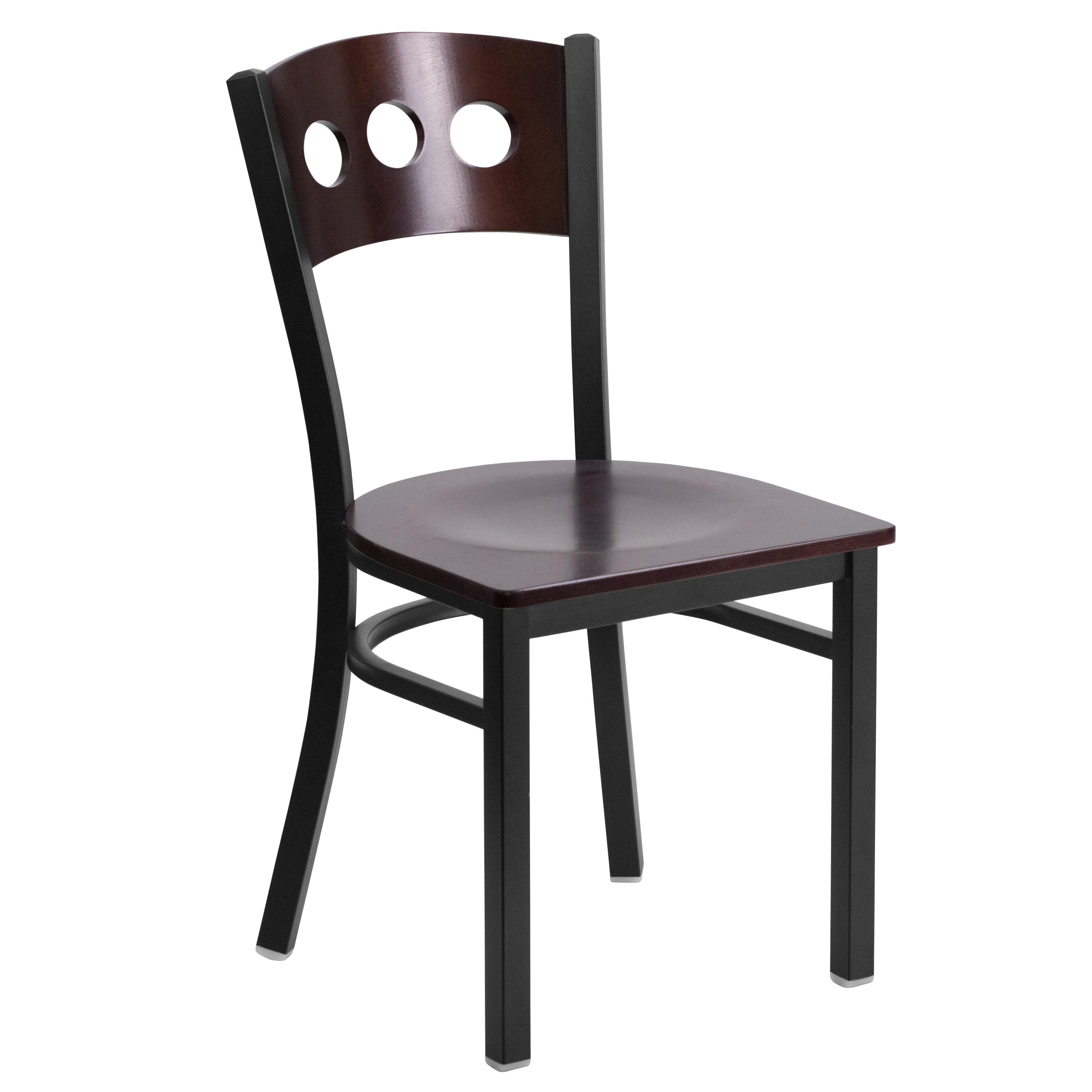 Chic Walnut Wood and Black Metal Frame Side Chair with Decorative Cutout Back