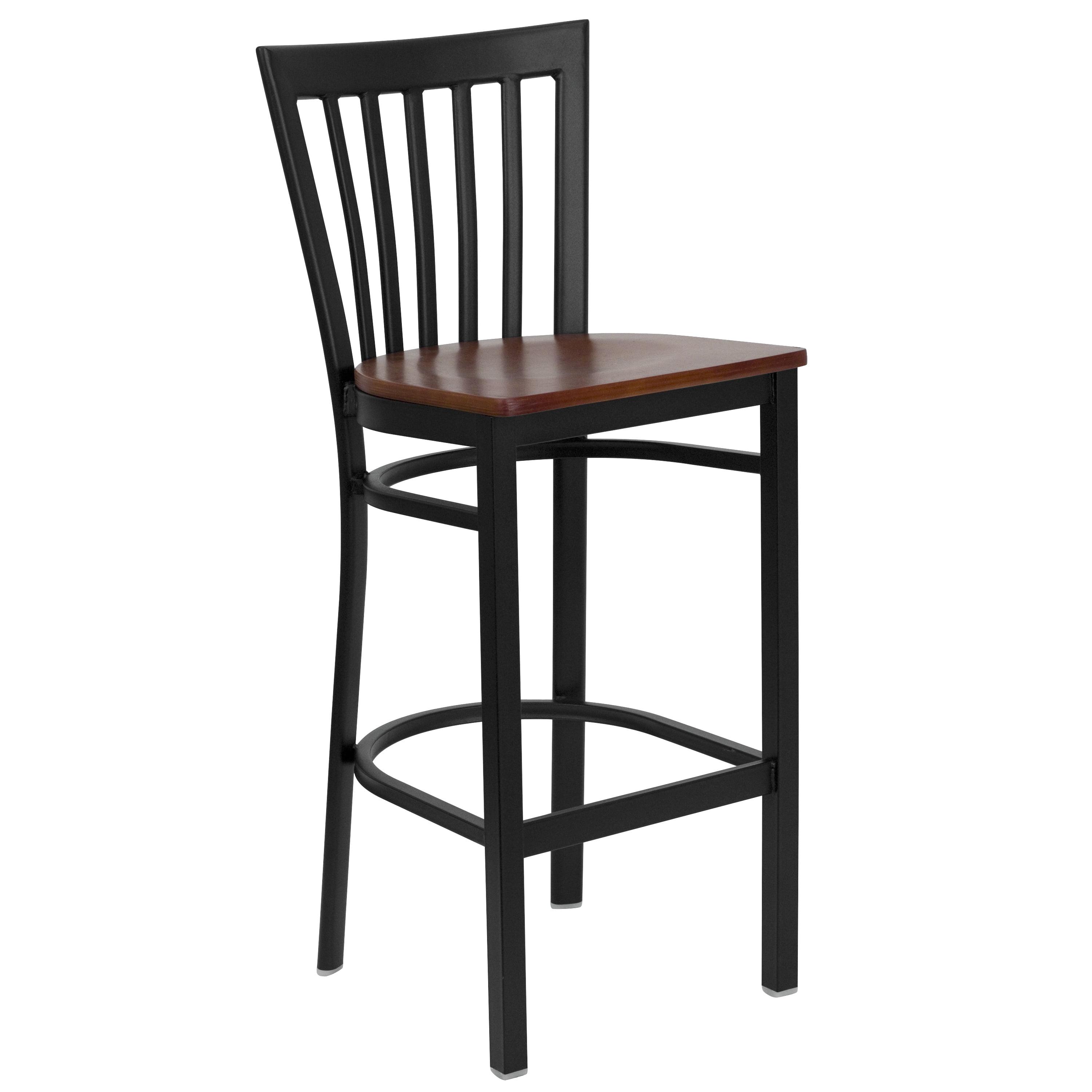 Cherry Wood Seat Black Metal School House Barstool