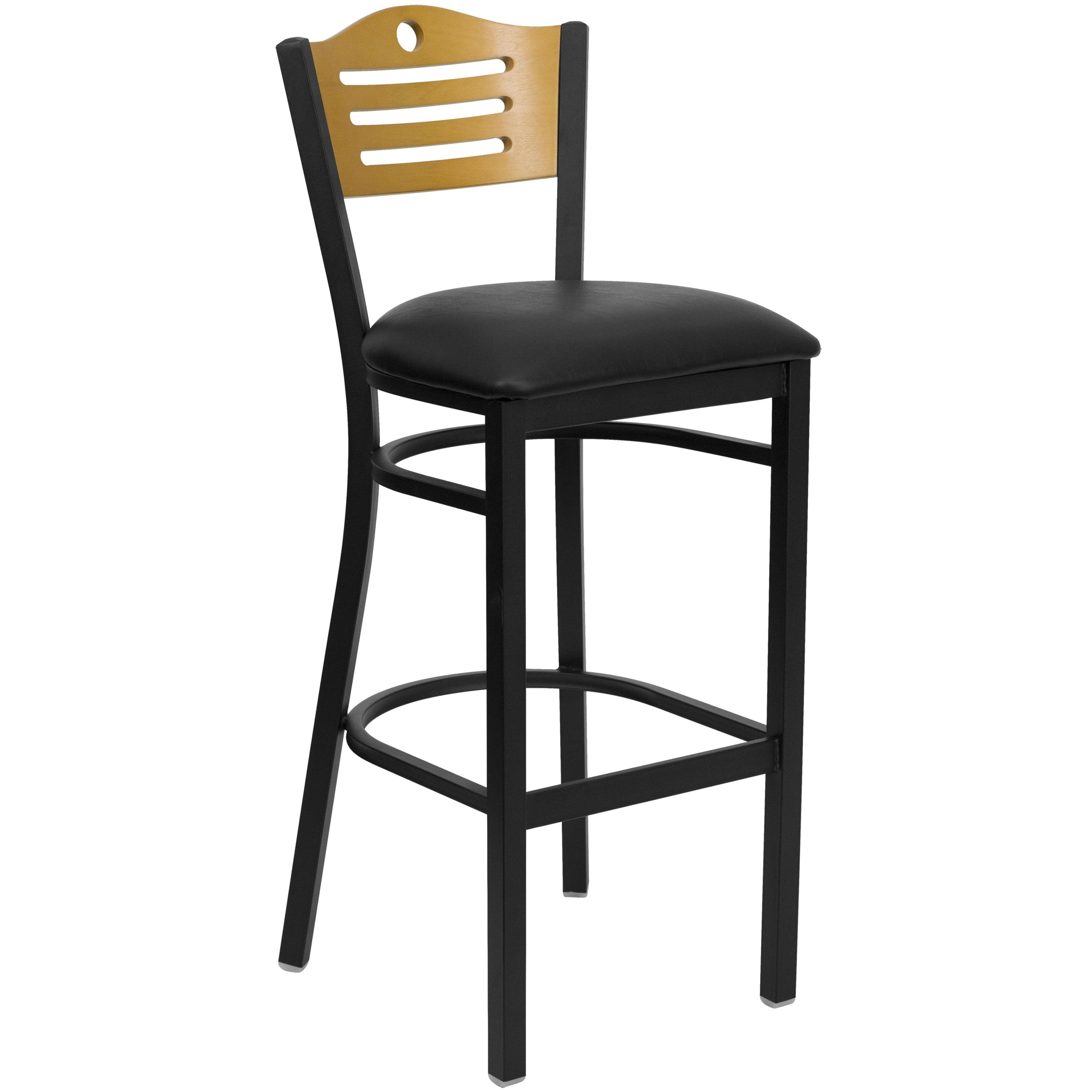 Black Metal Bar Stool with Decorative Cutout Back and Vinyl Seat