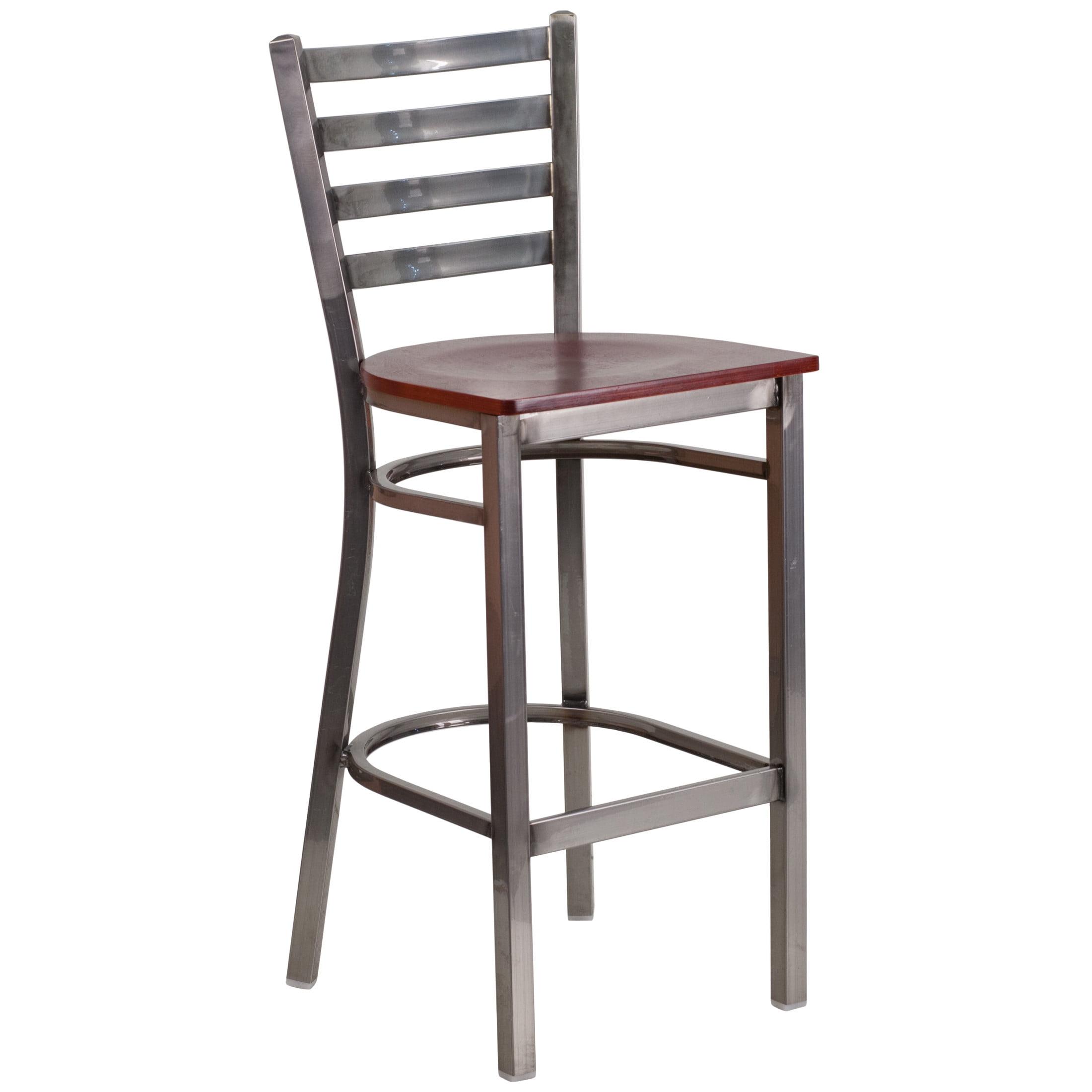 Flash Furniture HERCULES Series Clear Coated Ladder Back Metal Restaurant Barstool - Mahogany Wood Seat