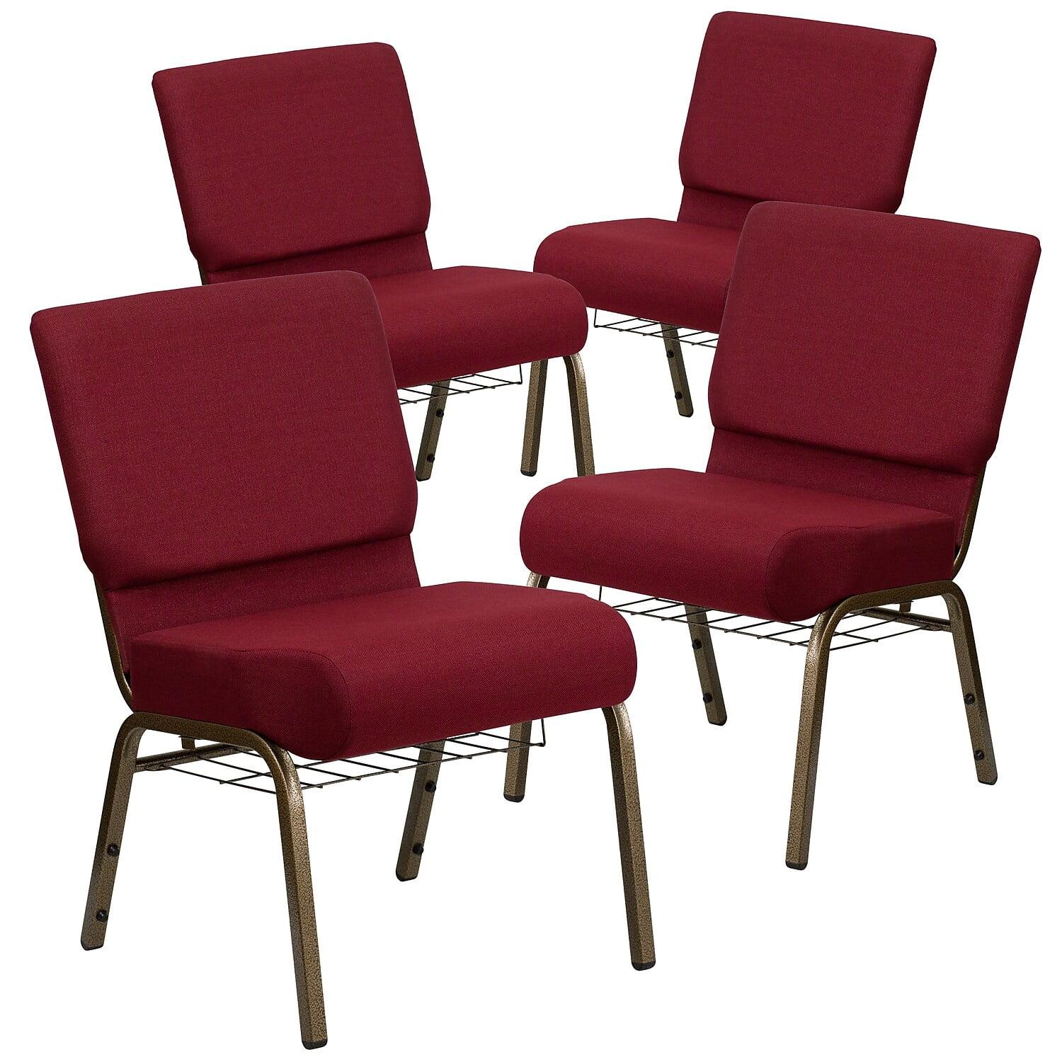 Elegant Padded Stackable Chairs in Burgundy Fabric and Gold Metal Frame