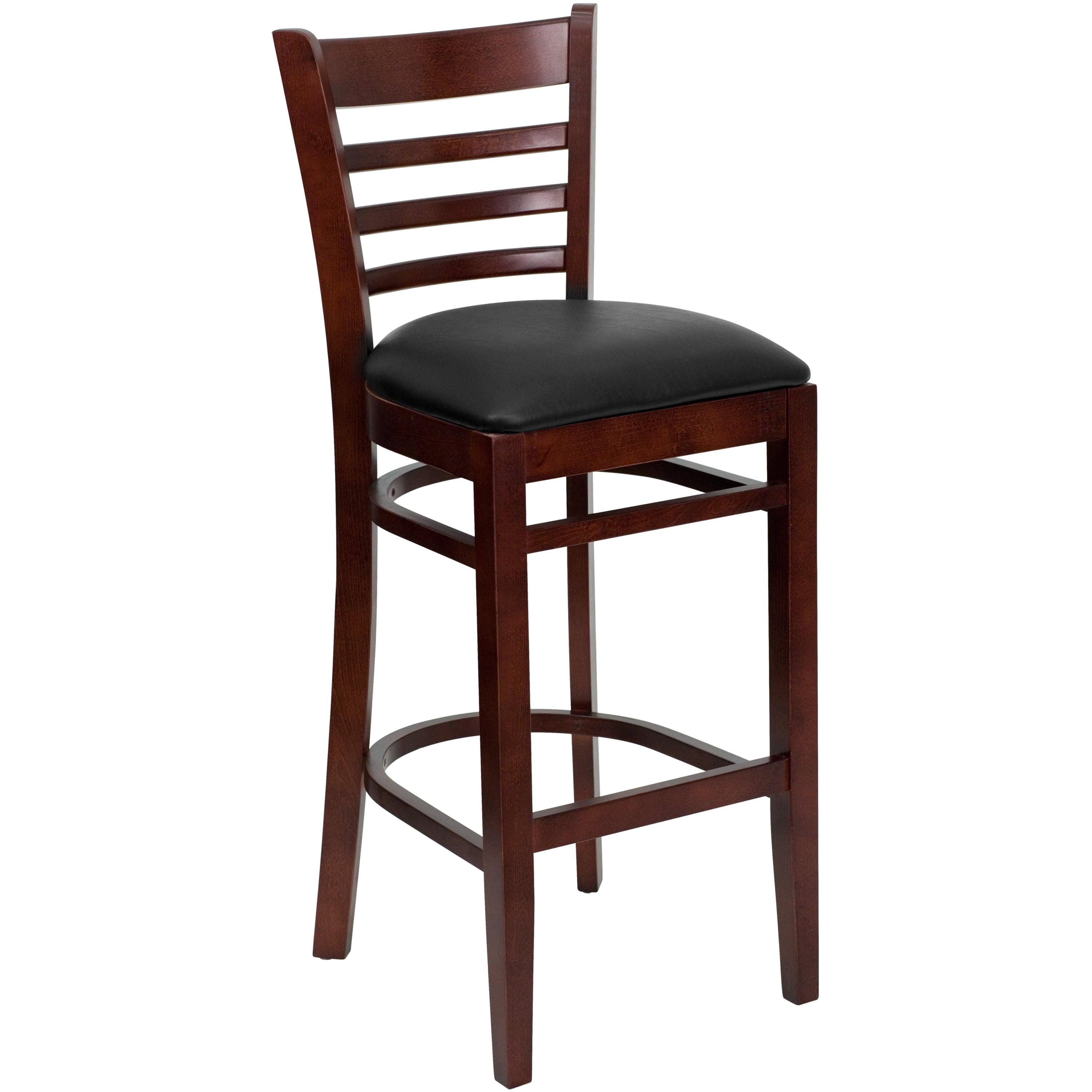 Elegant Mahogany Wood Barstool with Black Vinyl Seat and Ladder Back