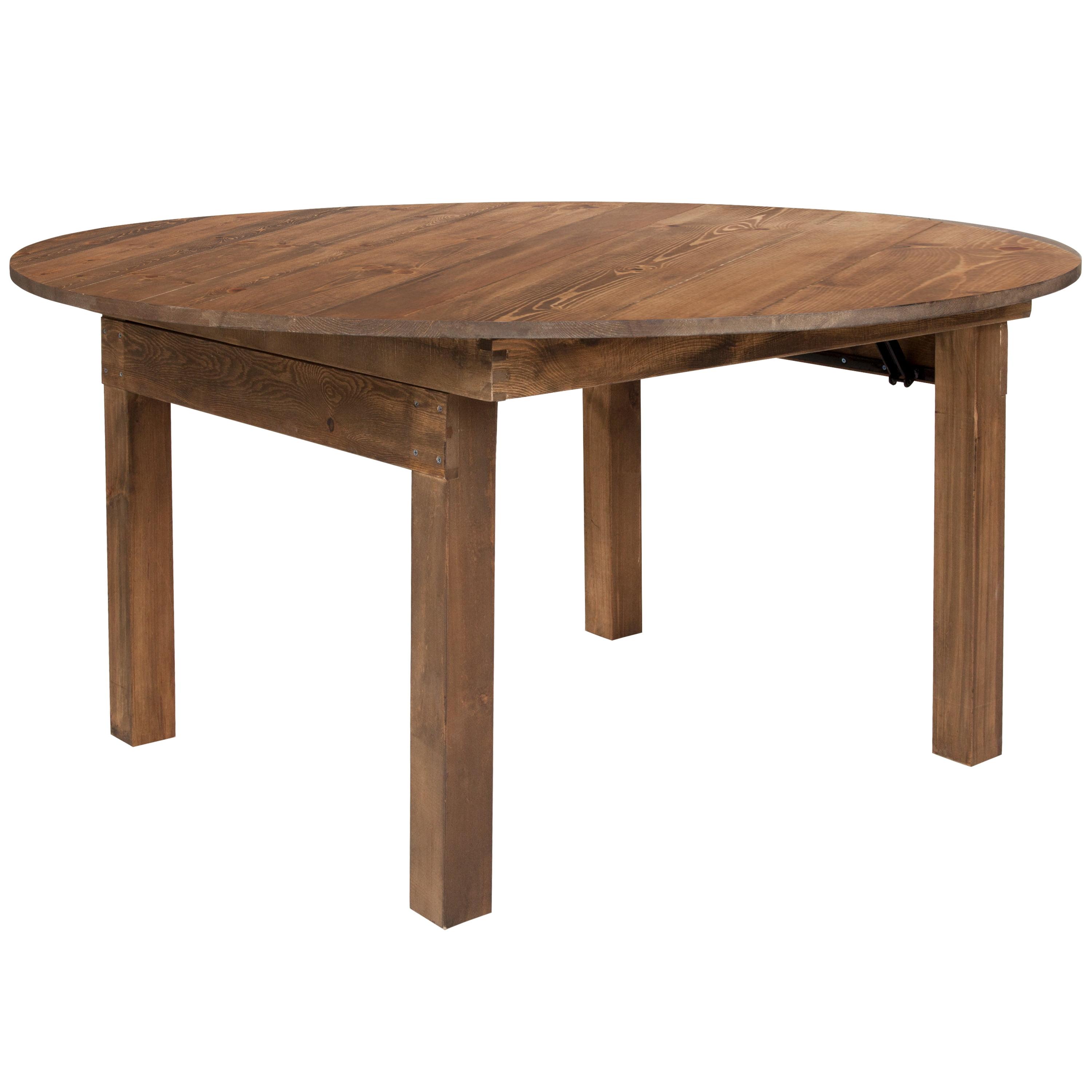 Rustic Round Pinewood Dining Table with Foldable Legs