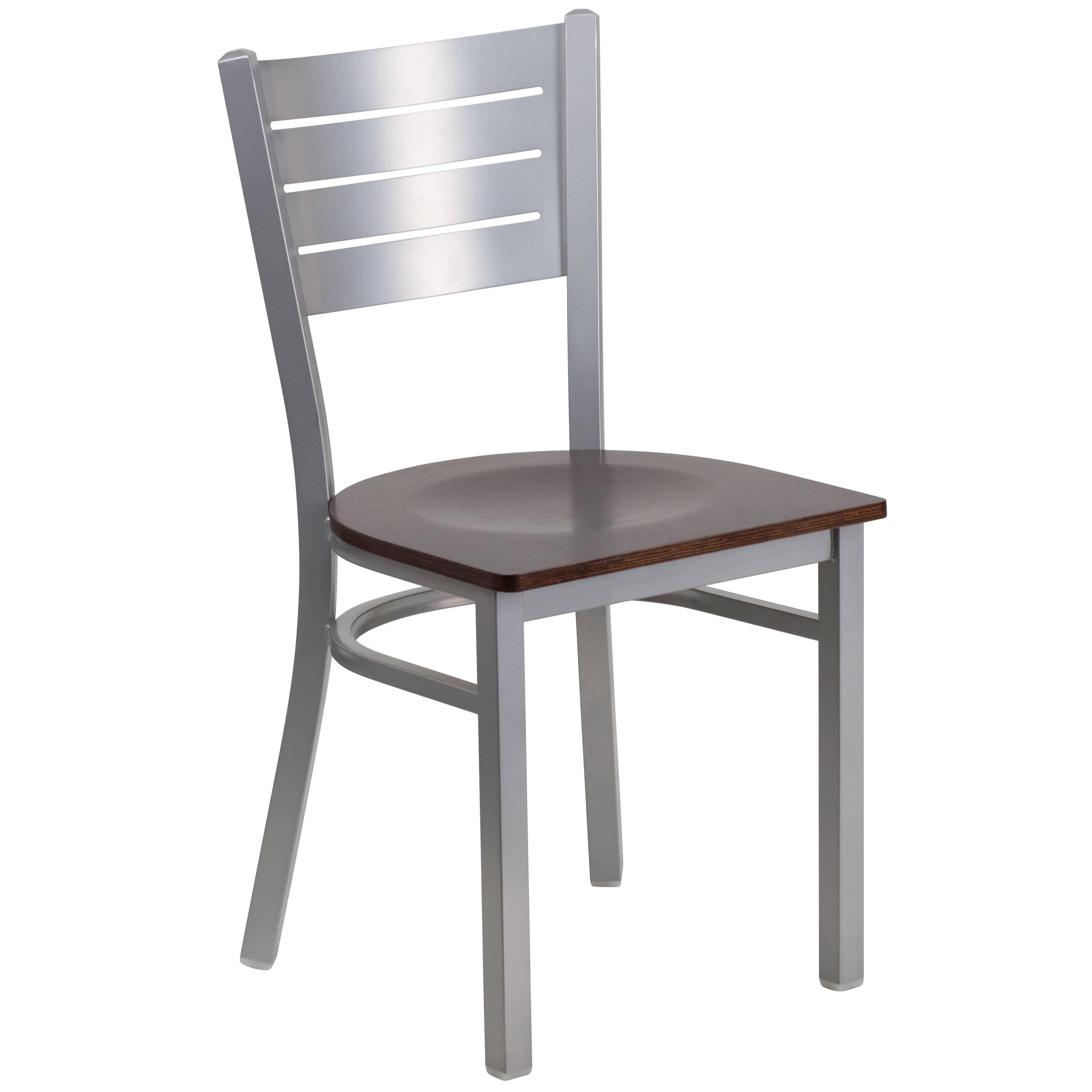 Silver and Walnut Low Slat Back Metal Side Chair